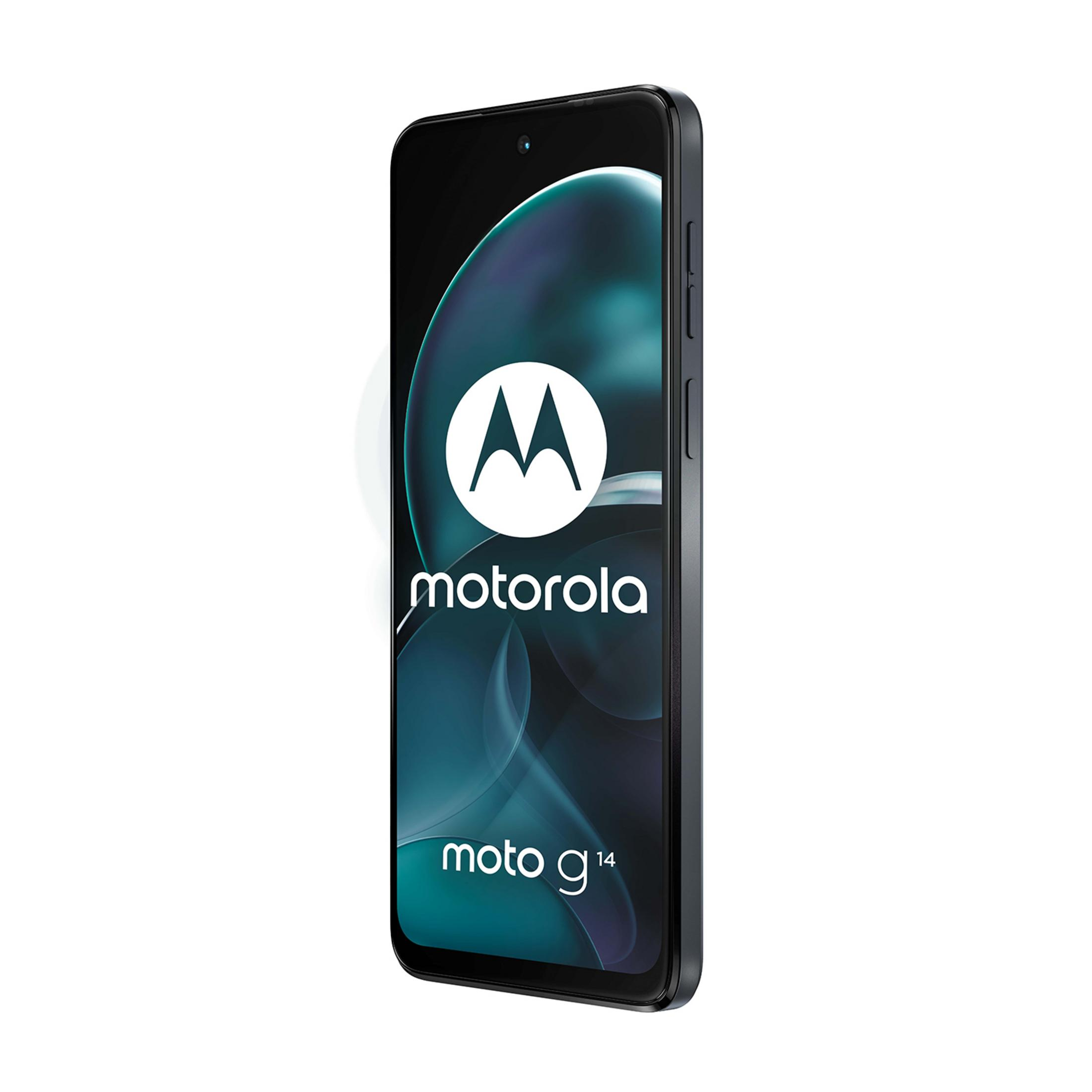 Un smartphone Motorola Moto G14 oscuro con un diseño circular en la pantalla.