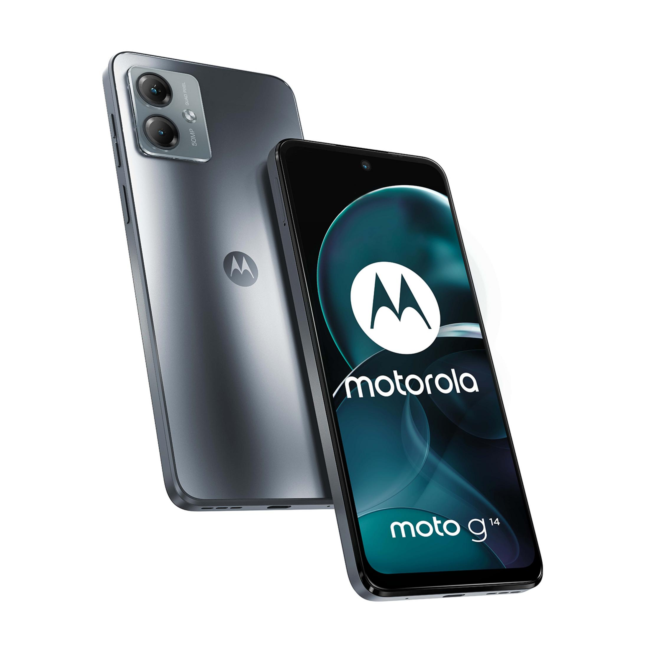 Teléfono Motorola gris con cámara quad-pixel, logo Moto g14 en pantalla.
