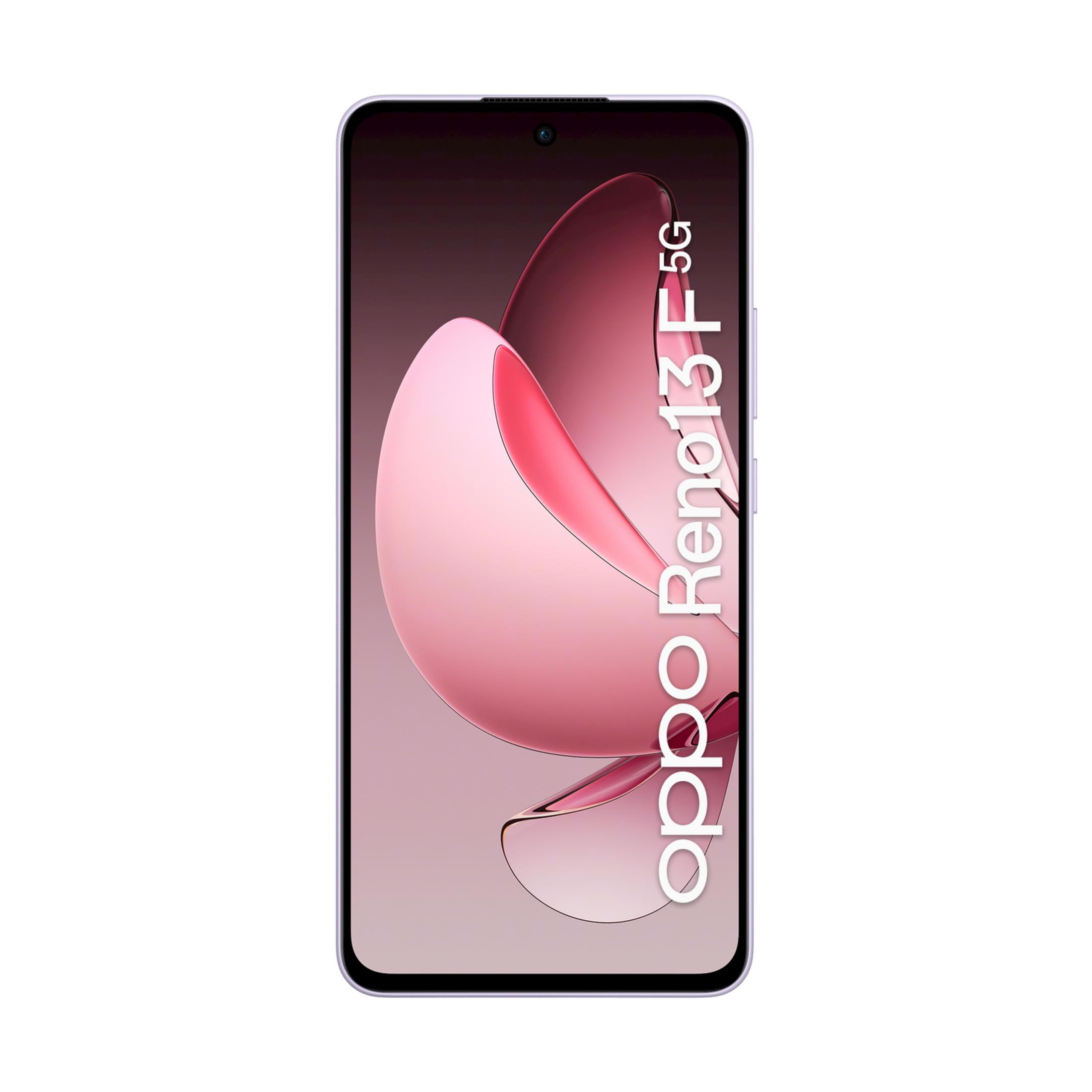 Een paarse smartphone met een abstracte roze afbeelding op het scherm.