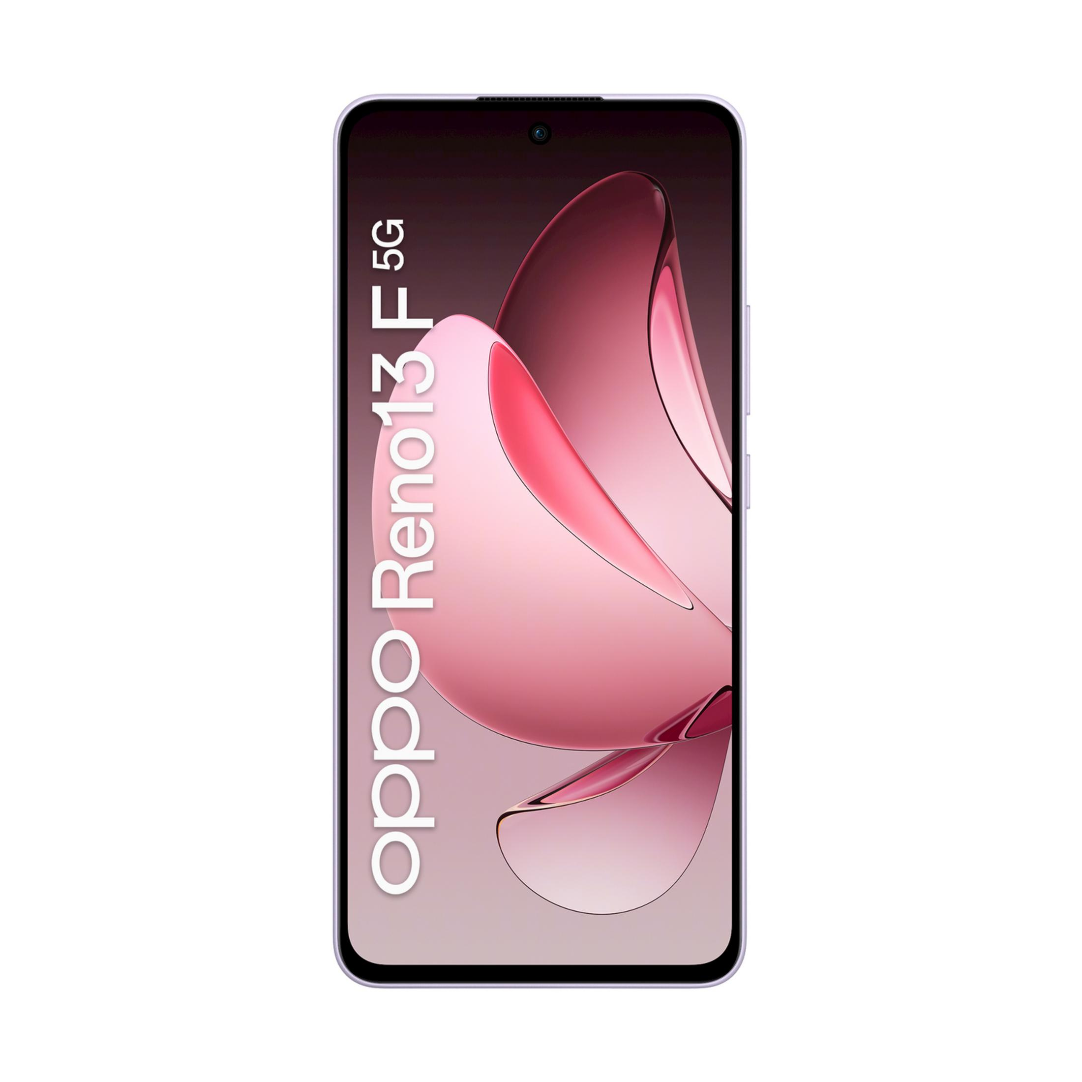 Paarse OPPO Reno13 5G smartphone met gestileerde roze achtergrond.