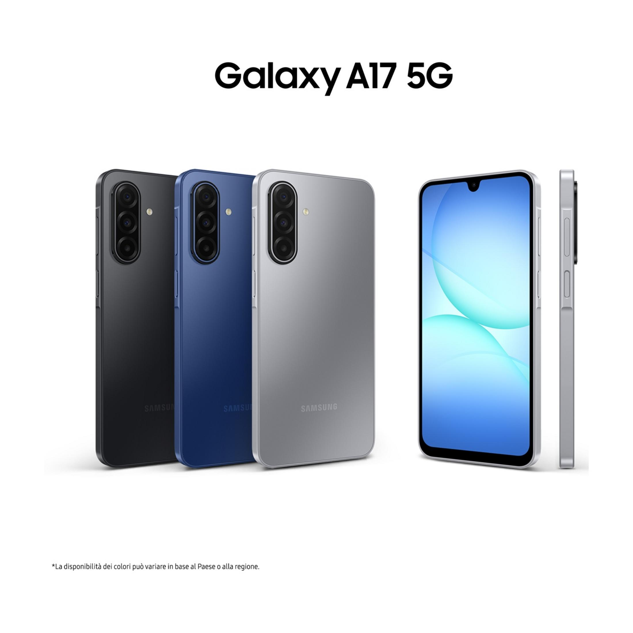 Trzy telefony Samsung Galaxy A17 5G w kolorach czarnym, niebieskim i srebrnym obok siebie.