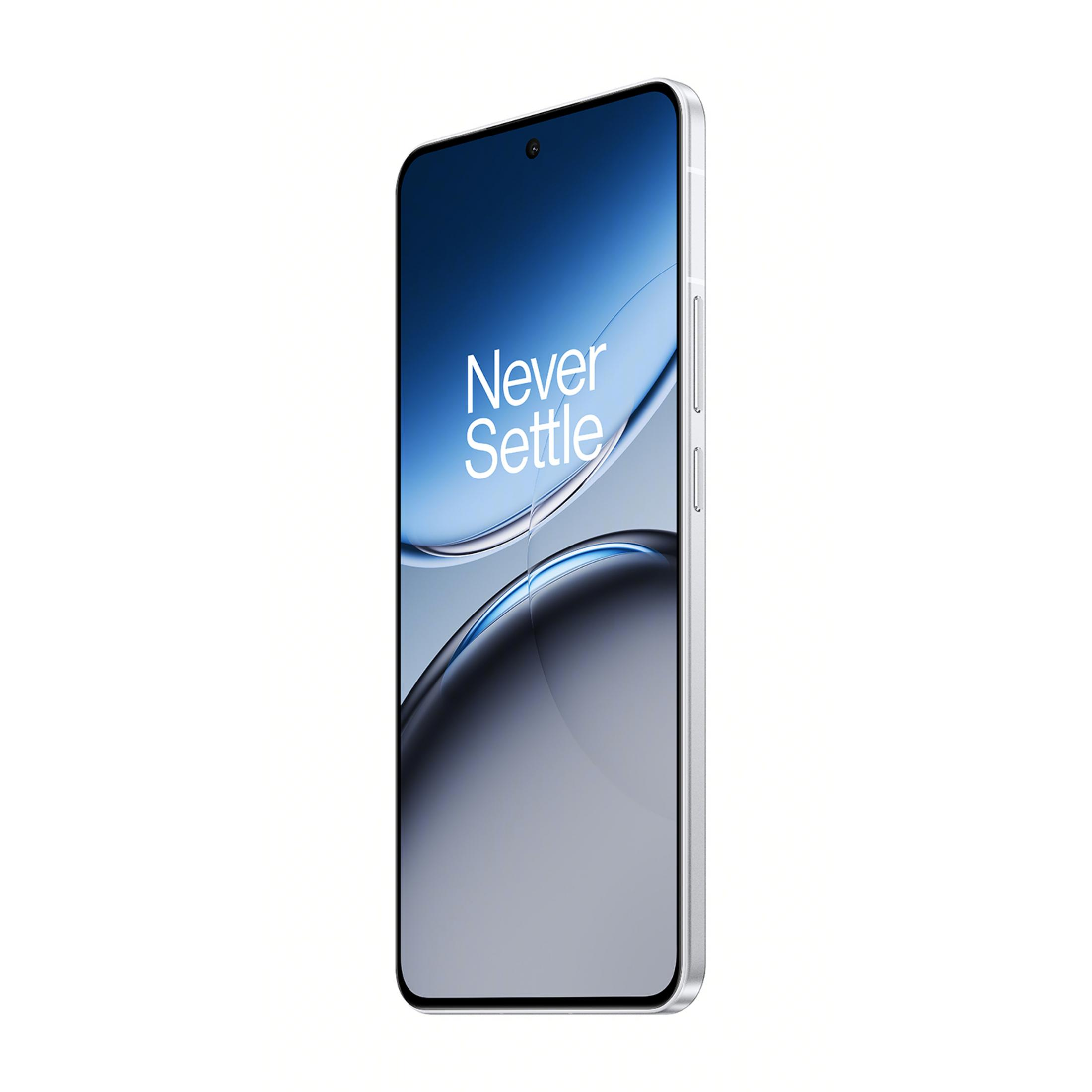 Een zilveren smartphone met blauwe achtergrond en tekst.