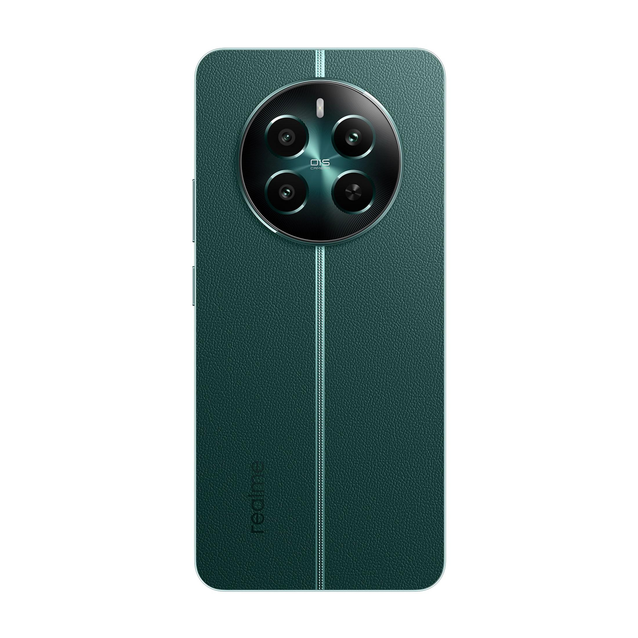 Retro di uno smartphone verde scuro con quattro fotocamere in un array circolare.