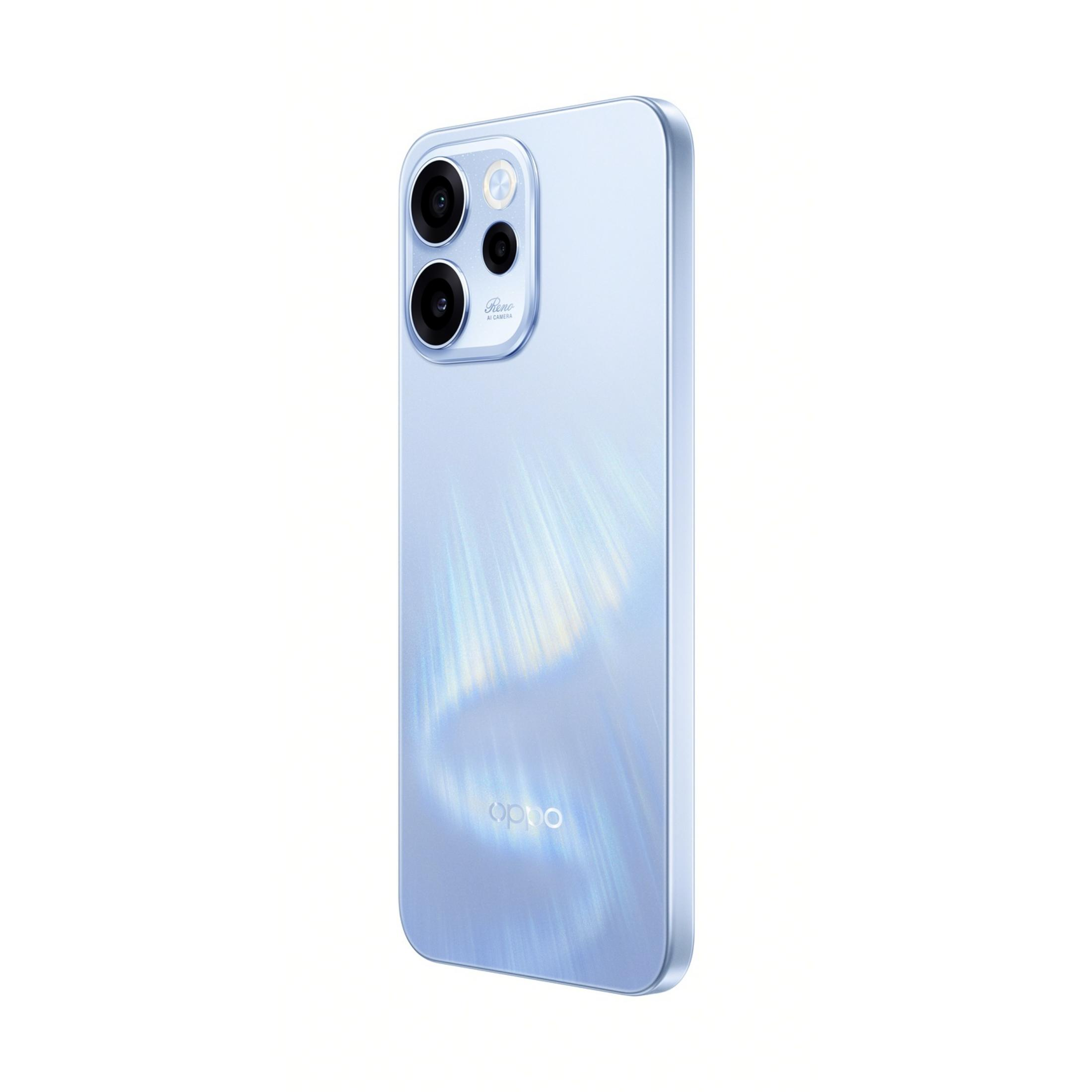 Uno smartphone blu con tripla fotocamera e logo Oppo.
