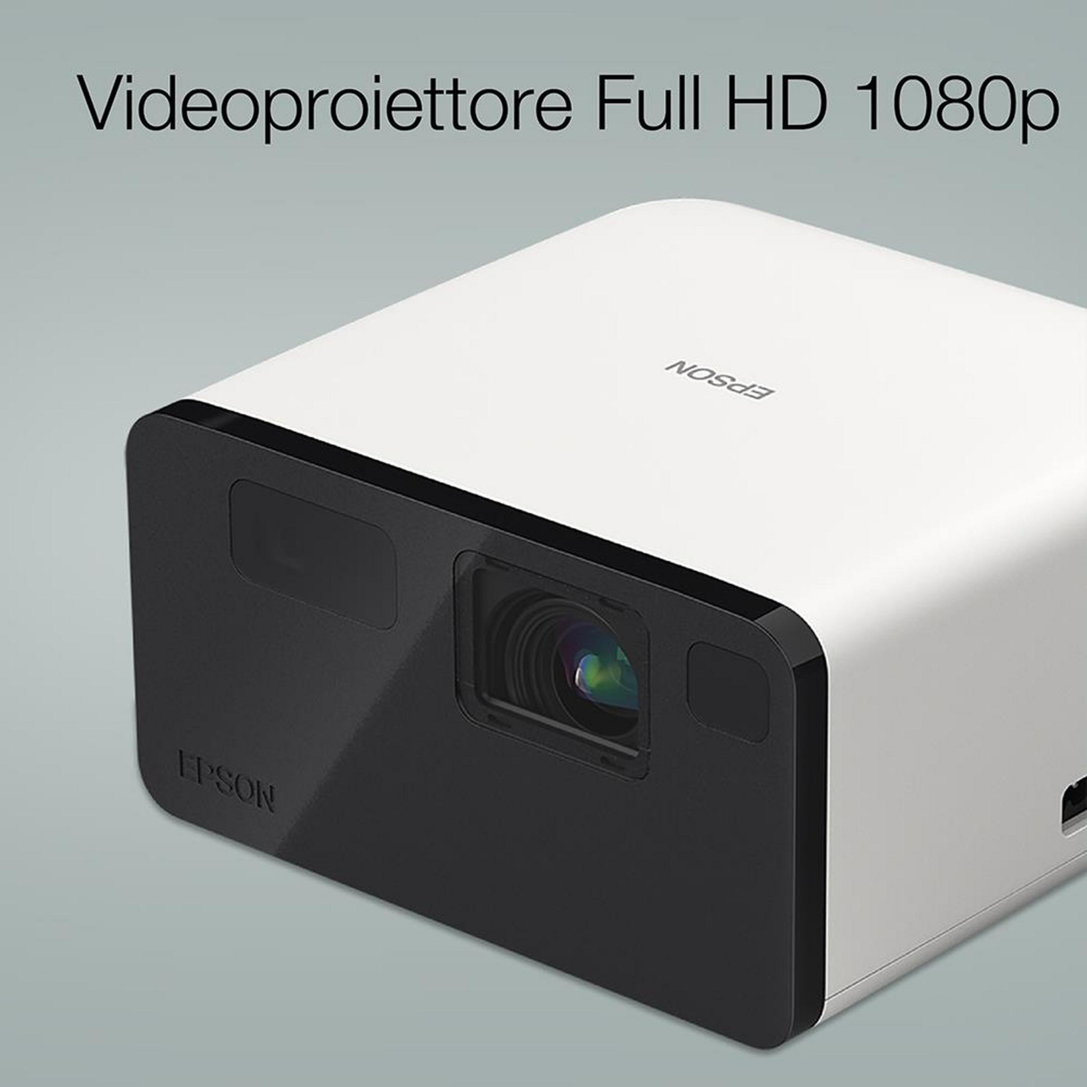 Ein weißer und schwarzer Epson Full HD 1080p Videoprojektor steht auf grauem Grund.
