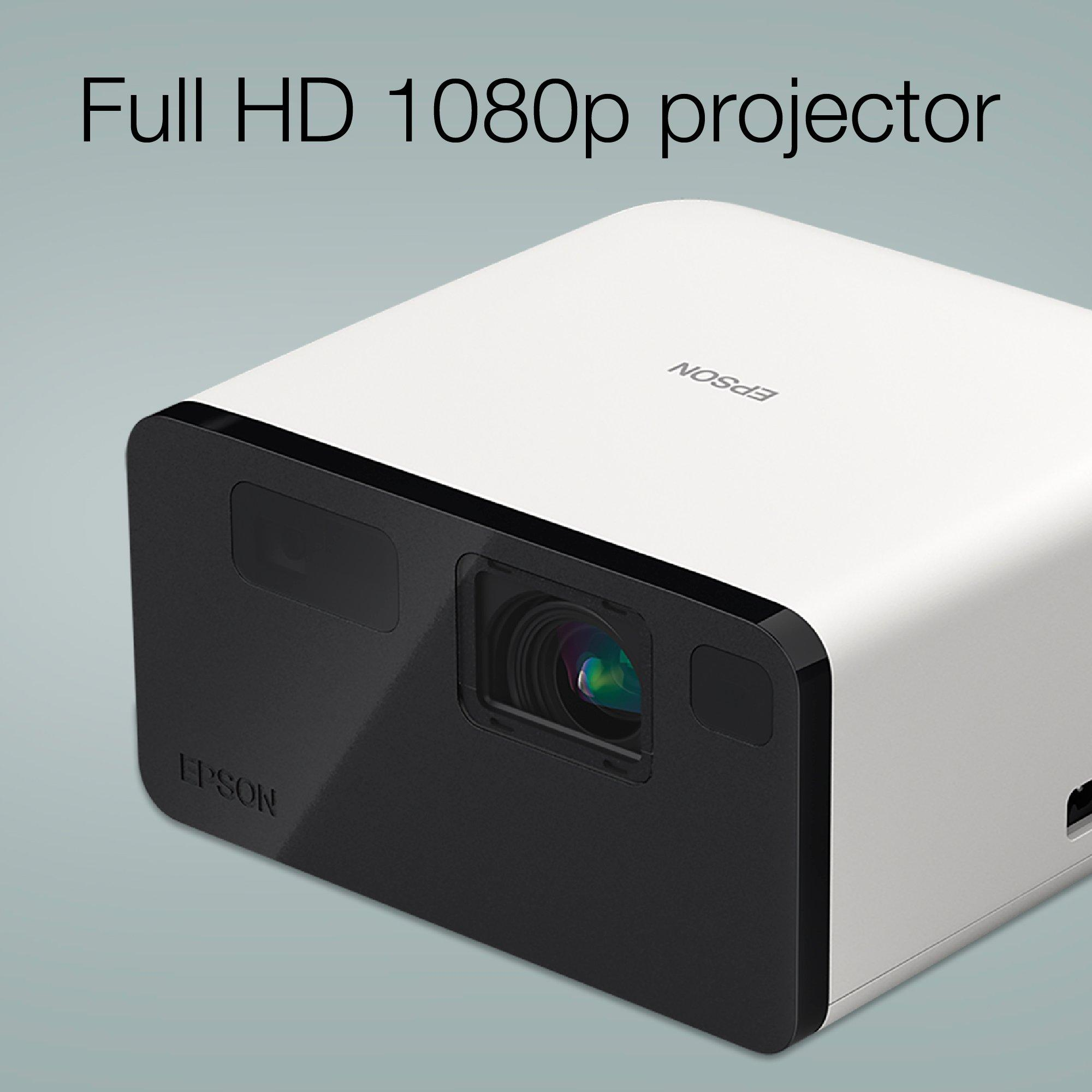 Ein weißer Epson-Projektor mit schwarzer Vorderseite und Linse.