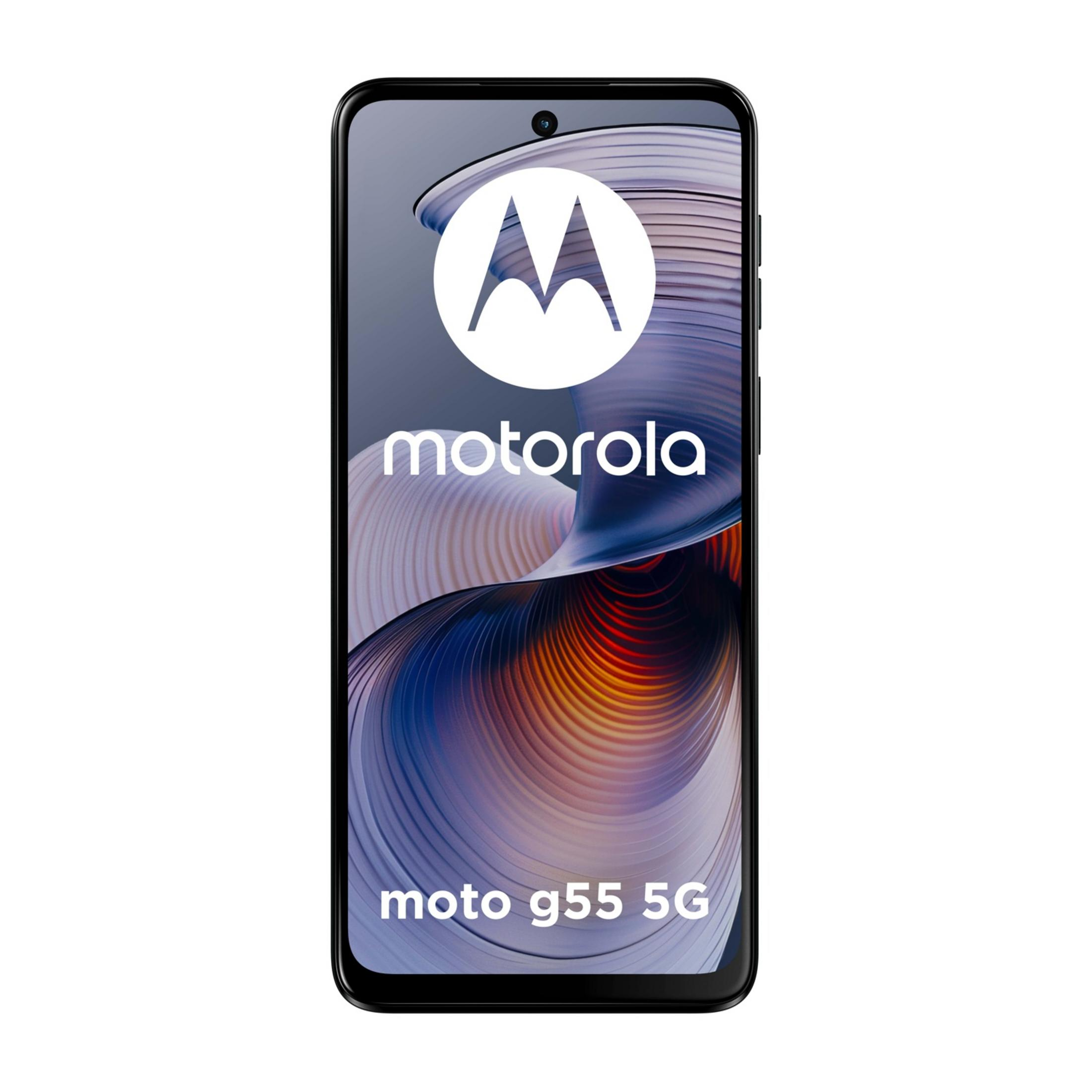 Czarny smartfon Motorola Moto G55 5G z kolorową tapetą.