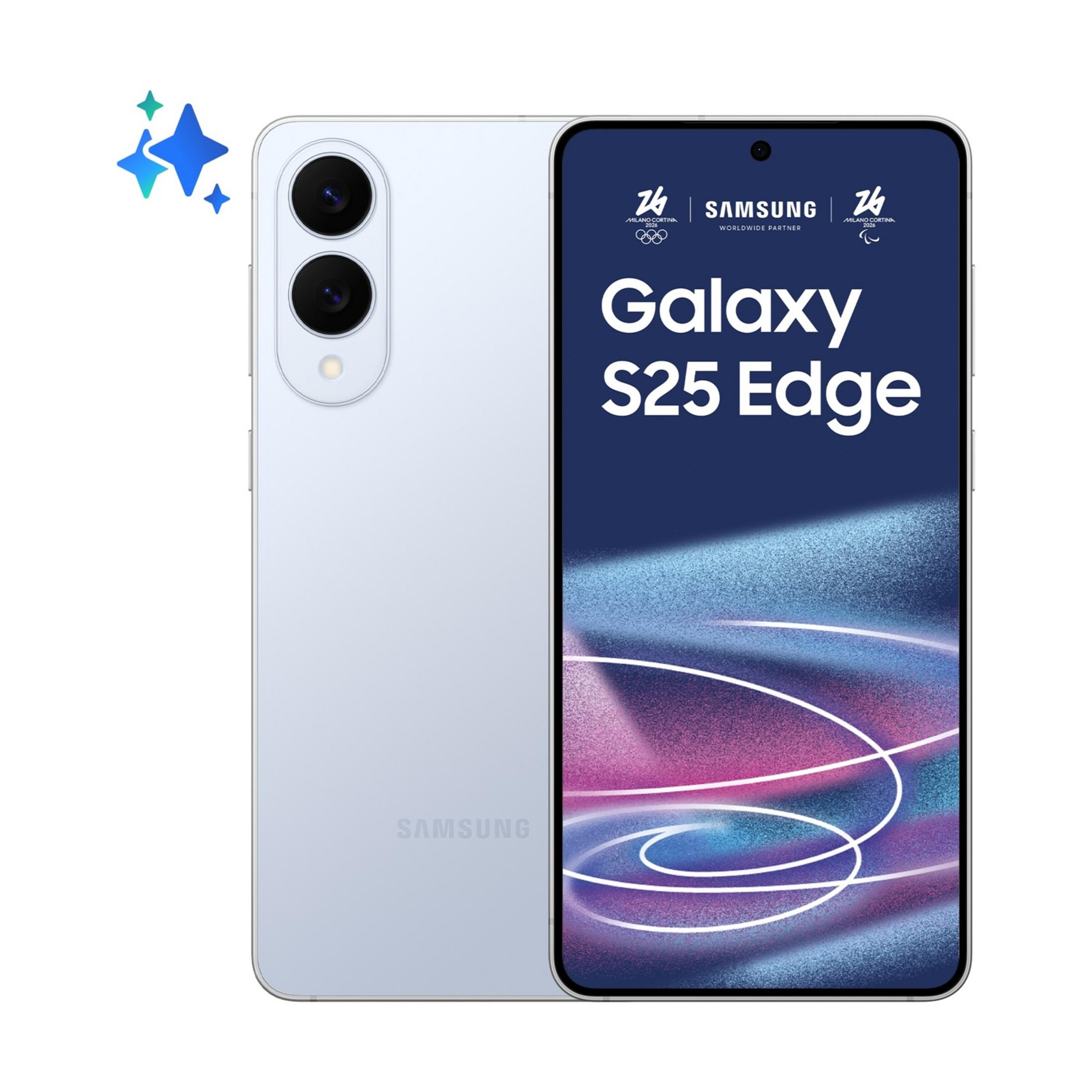 Jasnoniebieski telefon Samsung Galaxy S25 Edge z wyświetlanymi logo olimpijskimi.