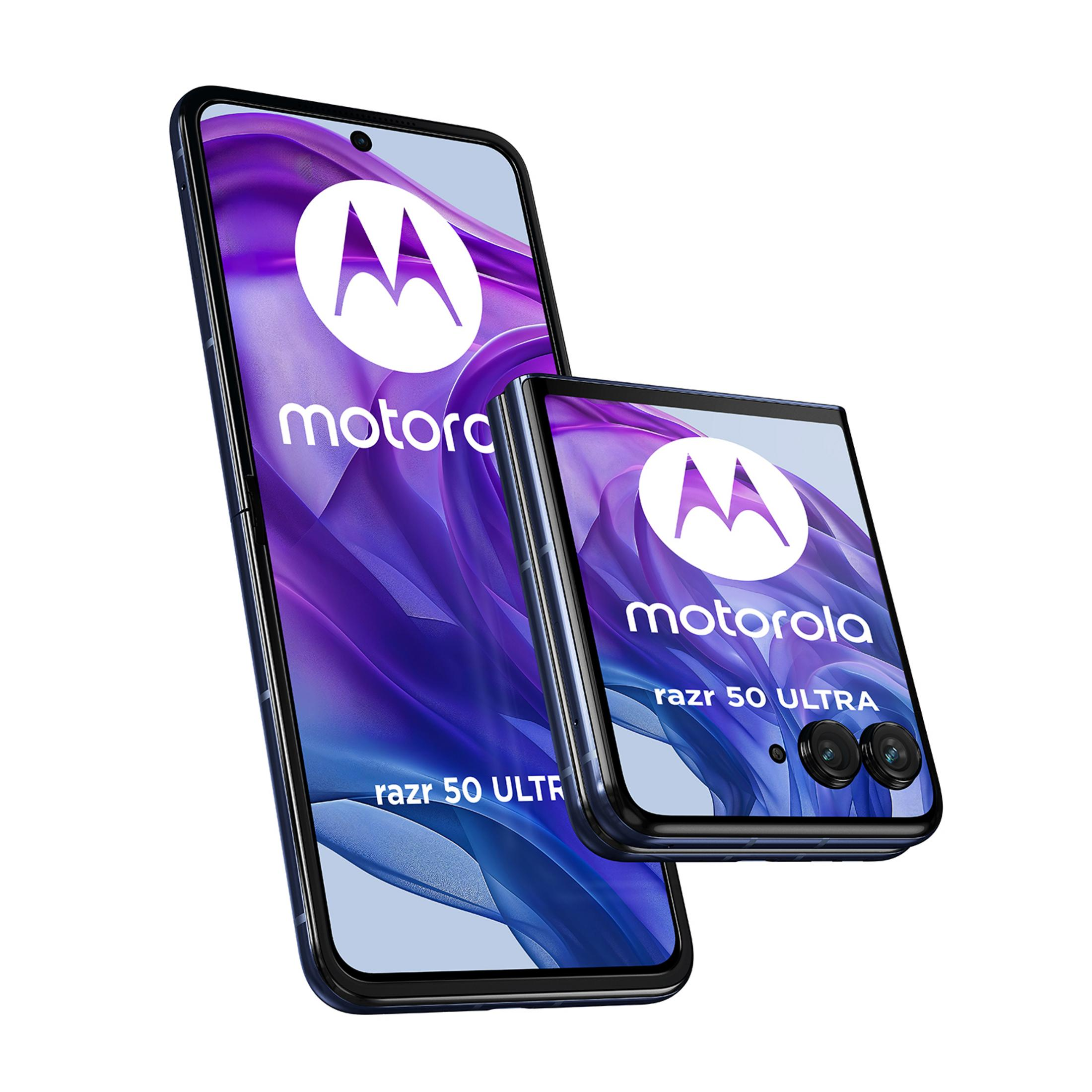 Dwa telefony Motorola Razr 50 Ultra na fioletowym tle.