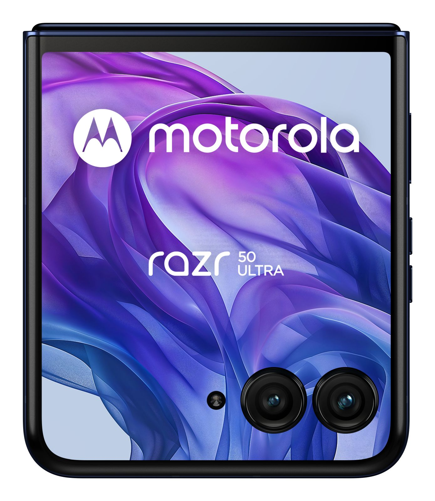 Niebieski rozkładany telefon Motorola Razr 50 Ultra z dwiema kamerami.