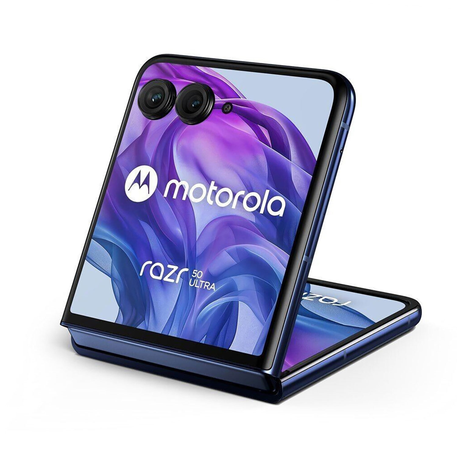 Otwarty, ciemnoniebieski telefon składany Motorola Razr 5G Ultra z dwoma aparatami.