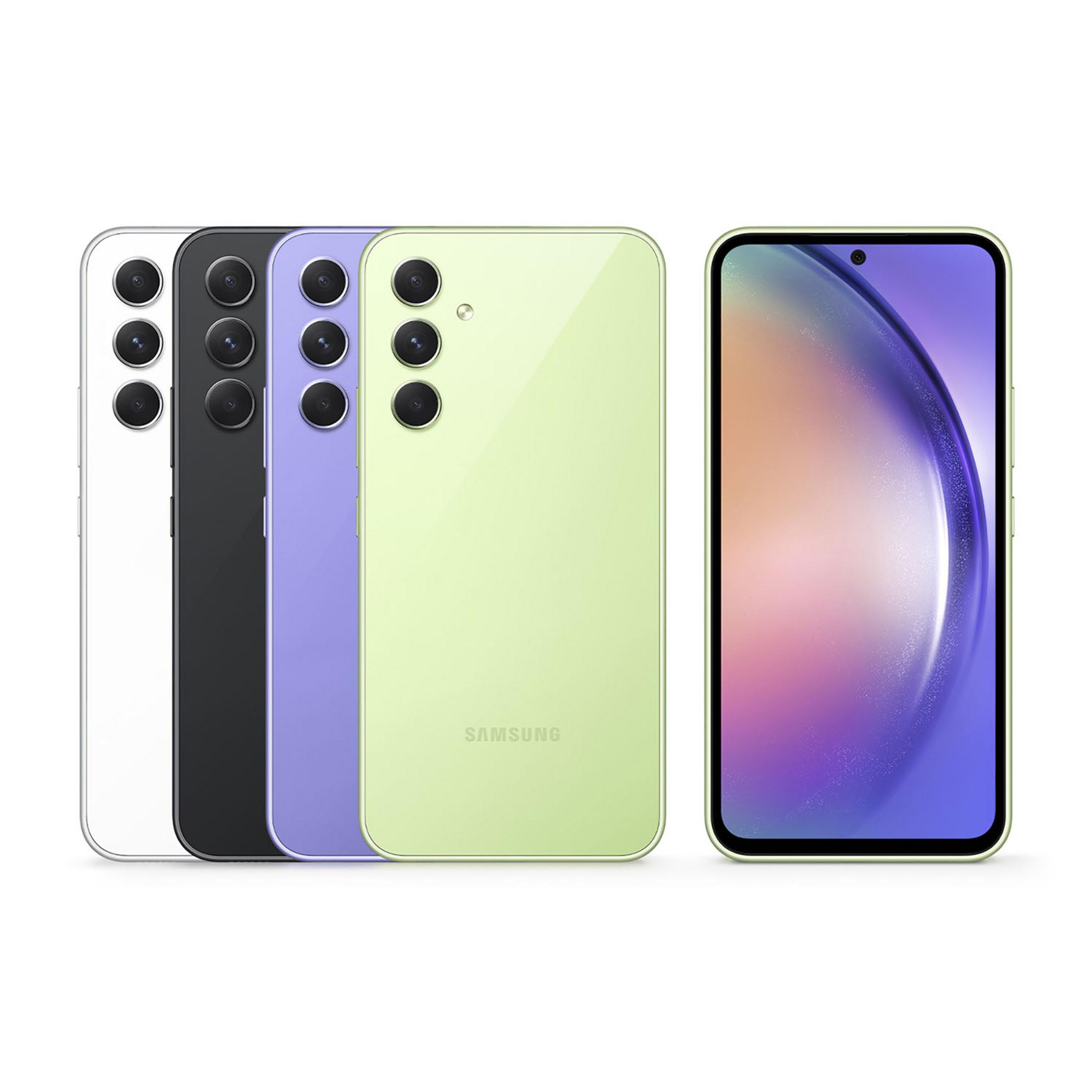 Cztery smartfony biały, czarny, fioletowy i jasnozielony stoją obok siebie. Jasnozielony telefon z przodu.