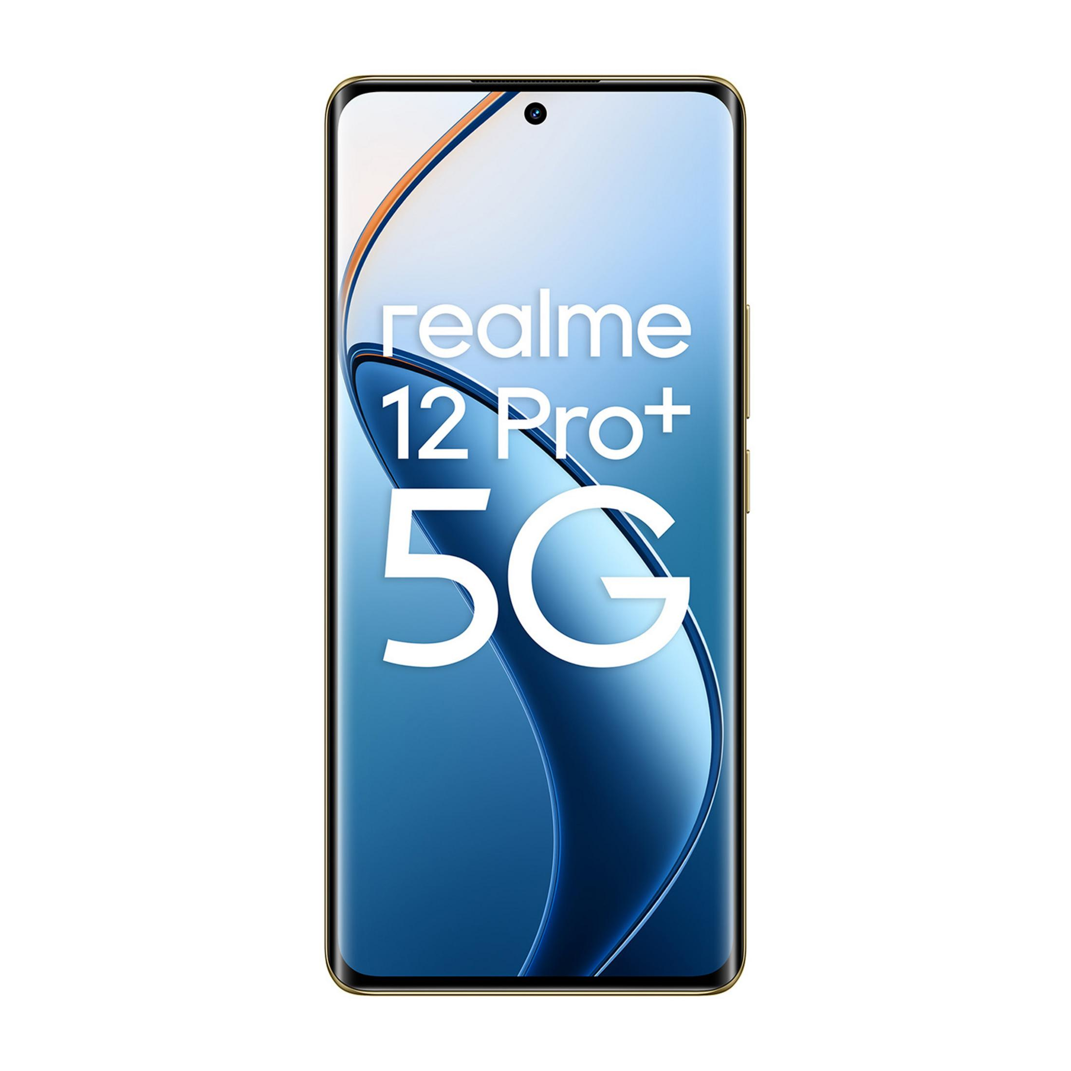 Ein goldener Realme 12 Pro+ 5G Smartphone mit blauem Hintergrund.
