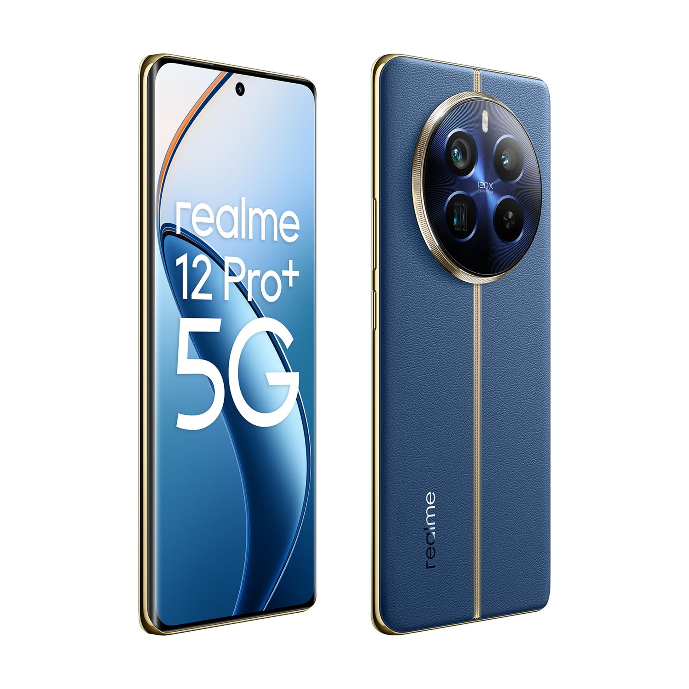 Blaues Realme 12 Pro+ 5G Handy mit goldener Umrandung und Kameramodul.