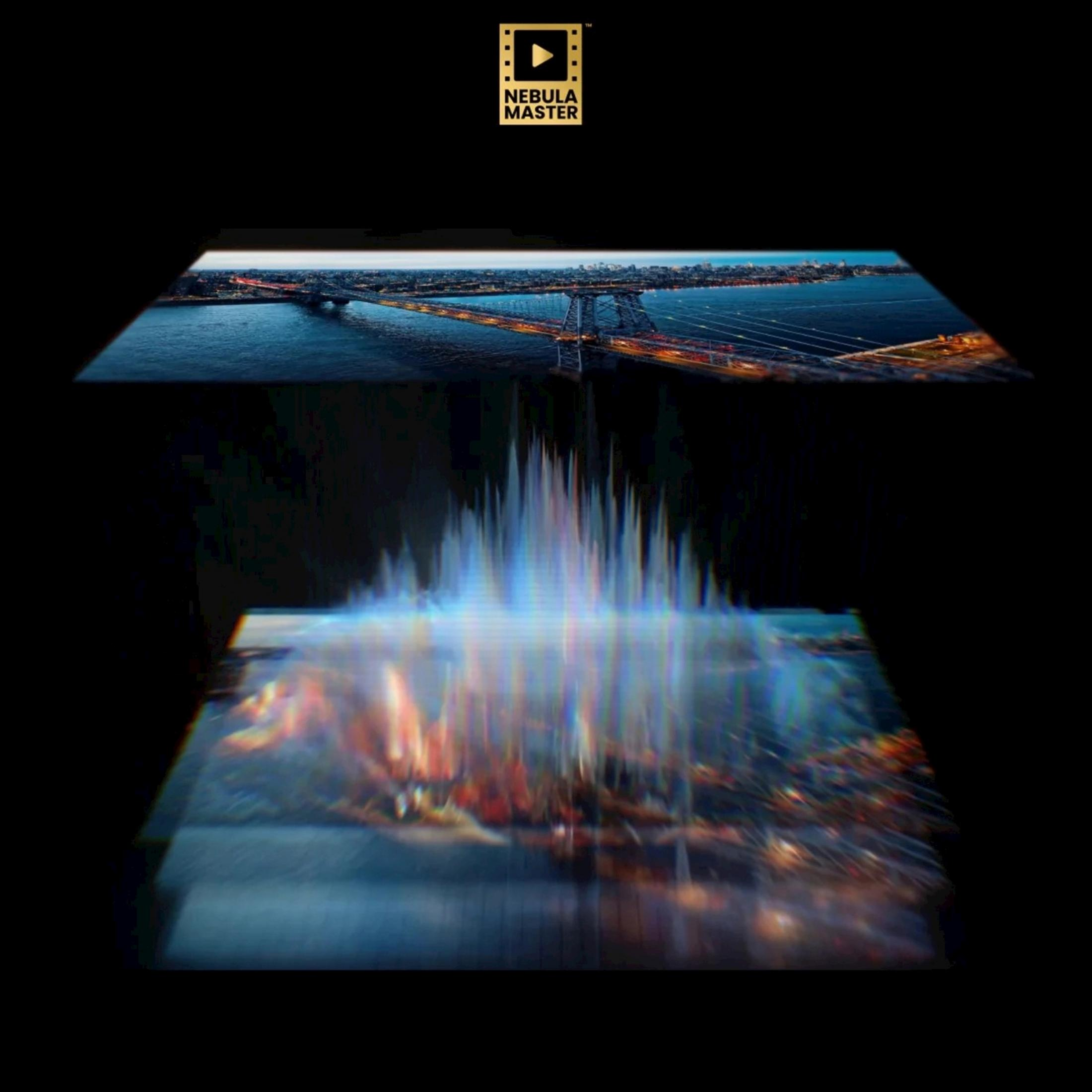 Most miejski nocą nad rzeką, ze światłami i dramatycznym niebem.