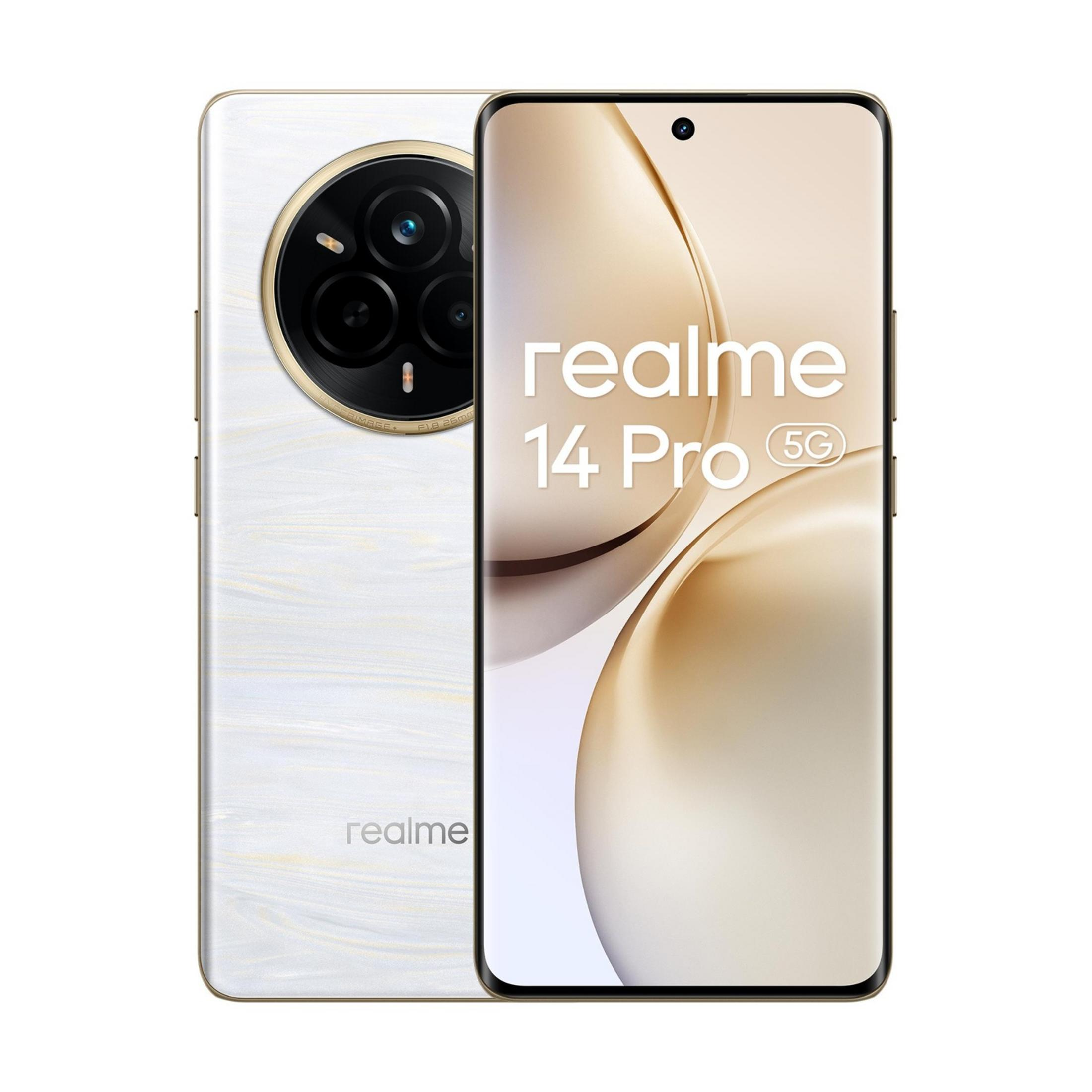 Biały smartfon Realme 14 Pro 5G ze złotym wykończeniem i modułem kamery.