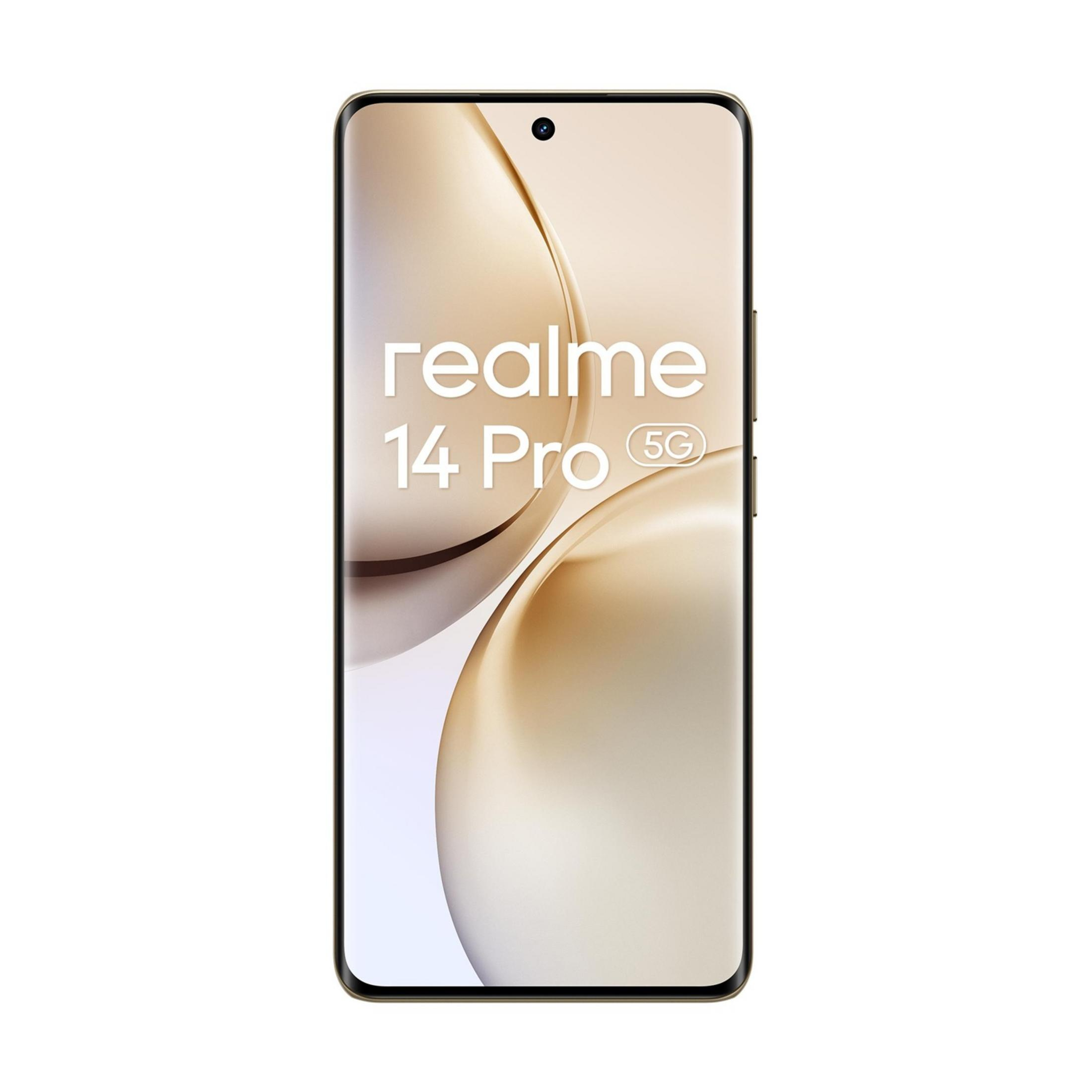 Złoty smartfon Realme 14 Pro 5G z wycięciem na aparat przedni.