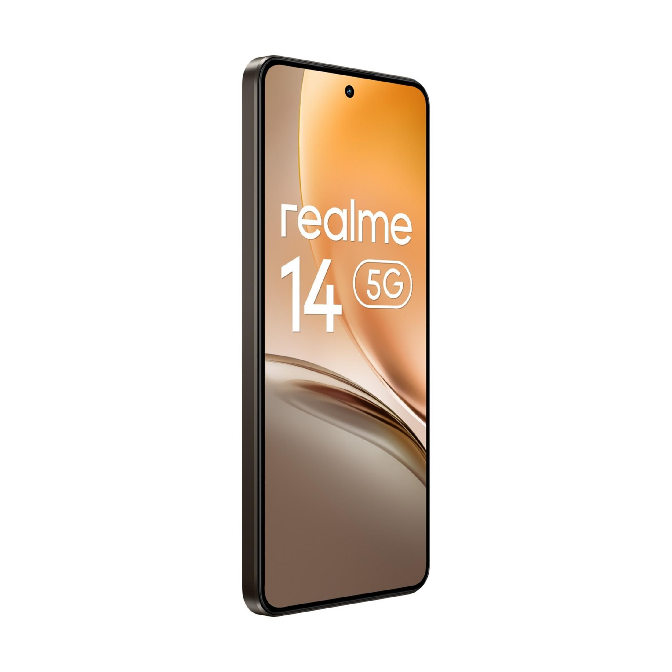 Un smartphone Realme 14 5G con fondo naranja.