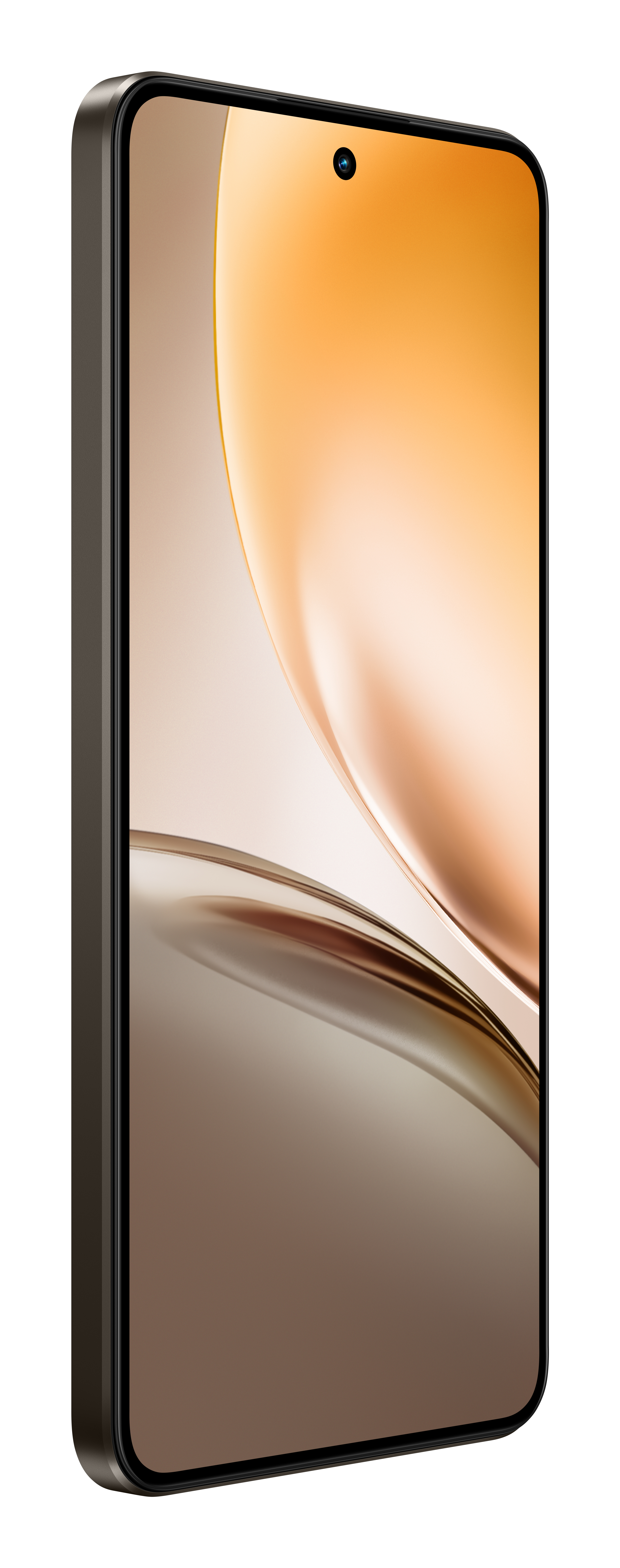 Un smartphone negro con un fondo abstracto dorado y marrón en la pantalla.