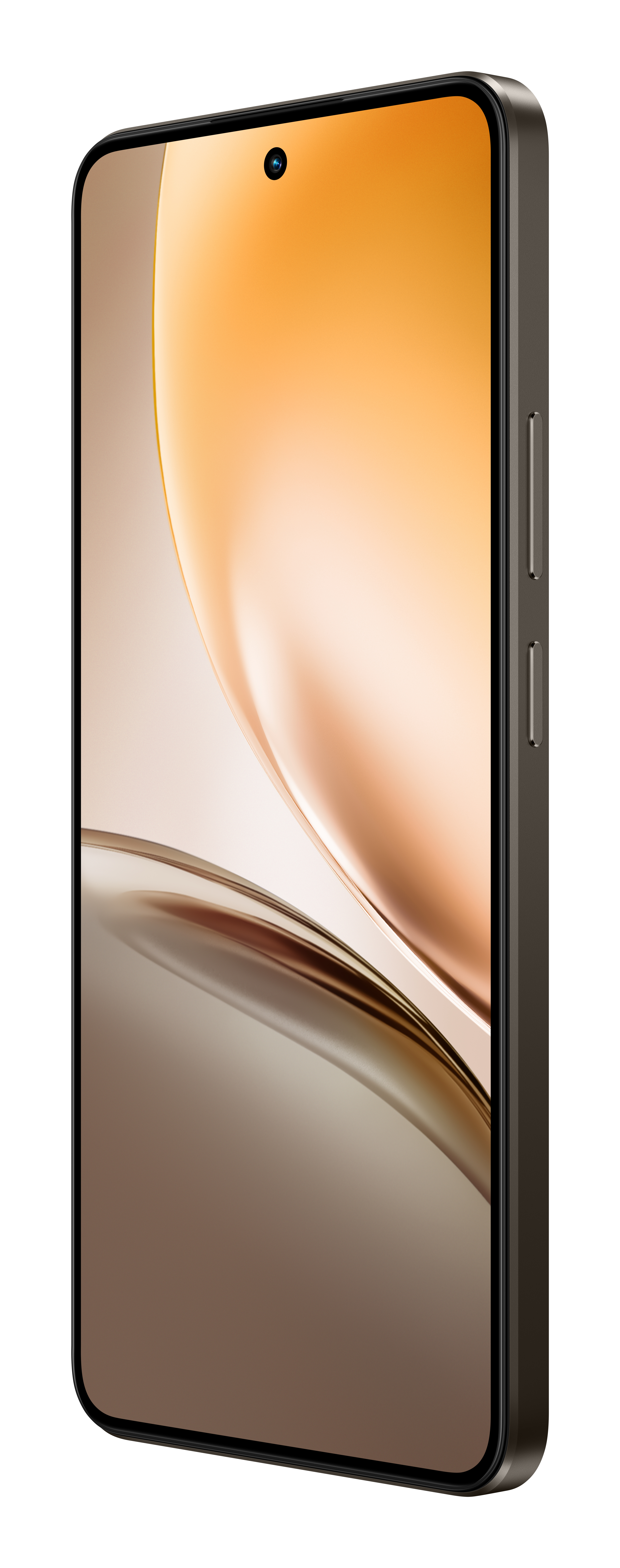 Un smartphone gris oscuro con fondo naranja y agujero para cámara frontal.