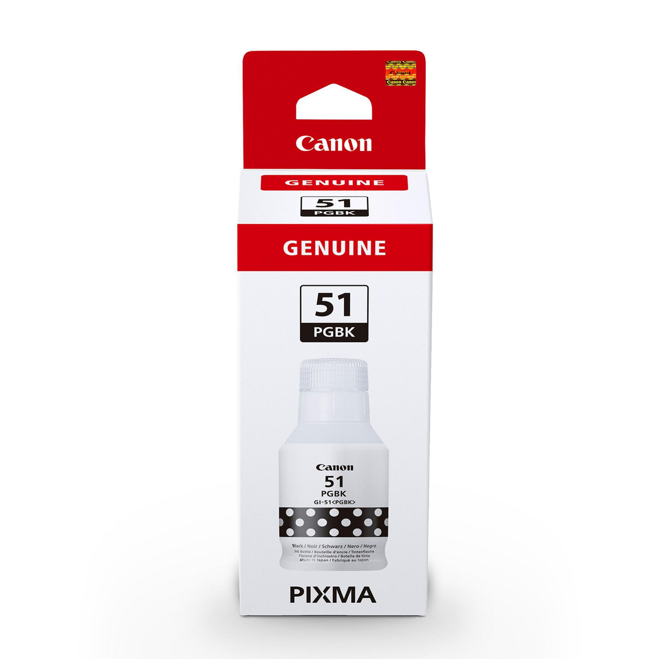 Flacone d'inchiostro Canon GI-51 PGBK nella sua confezione, con pois neri.