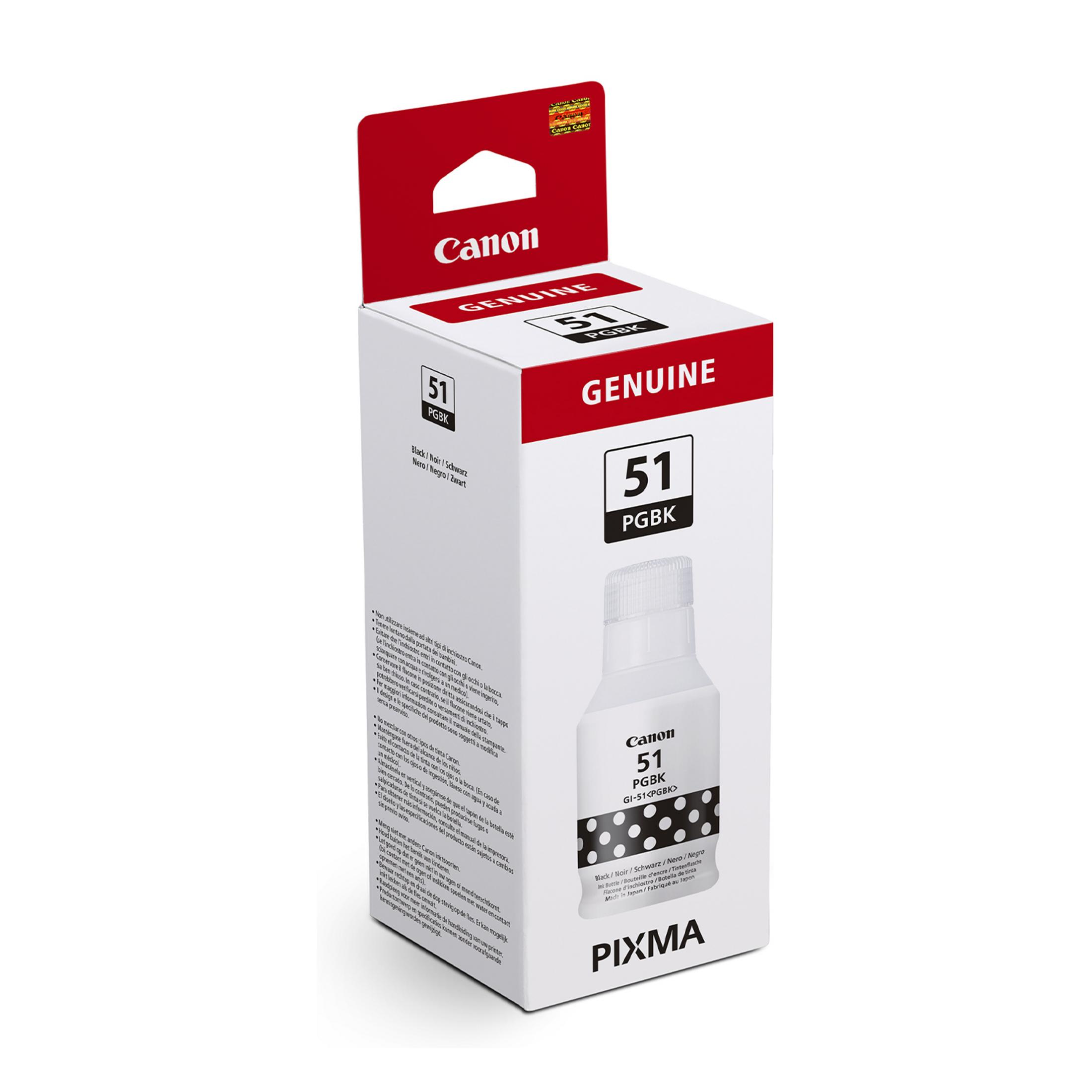 Flacone d'inchiostro Canon 51 PGBK, nero, con istruzioni sulla confezione.