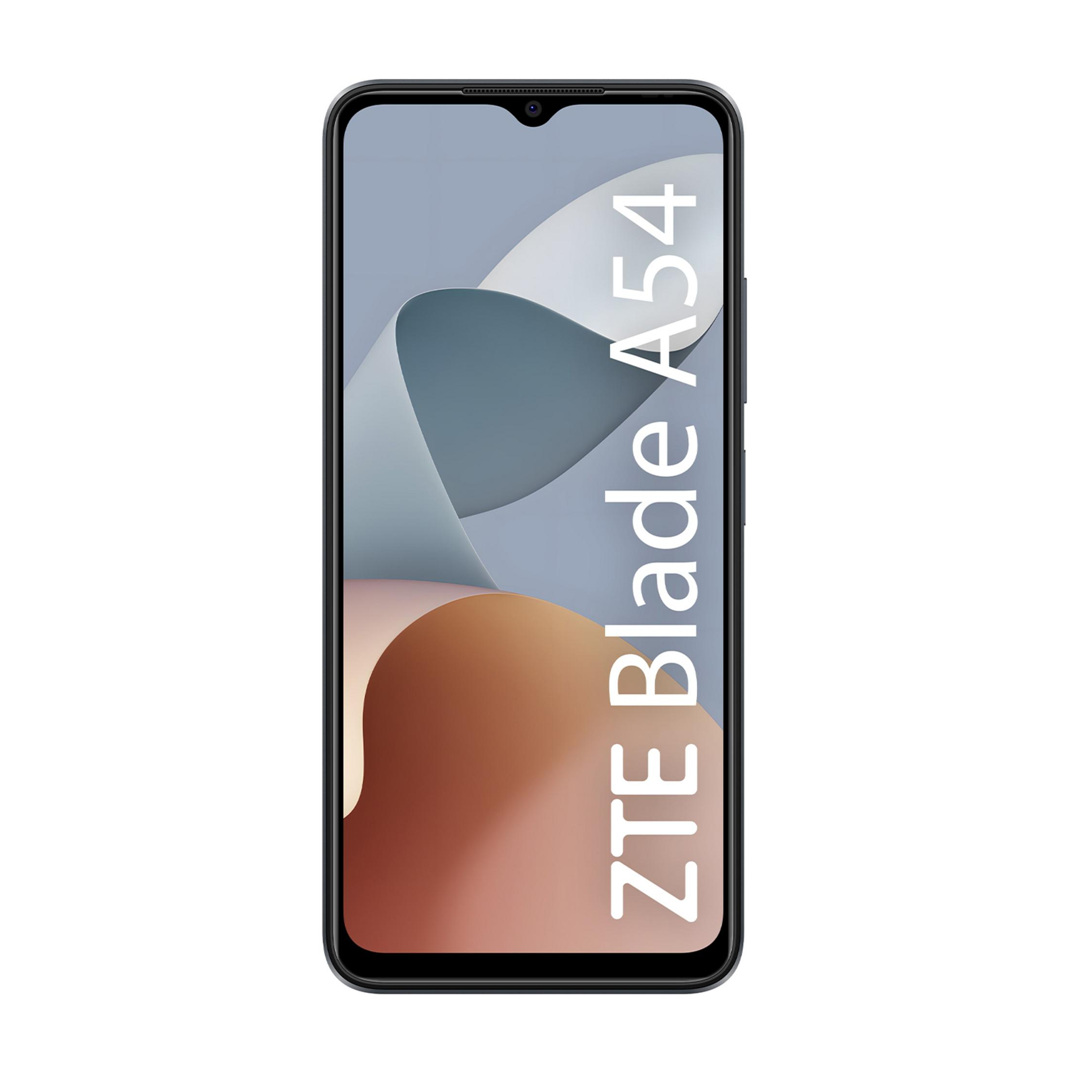Czarny smartfon ZTE Blade A54 z abstrakcyjną tapetą na ekranie.