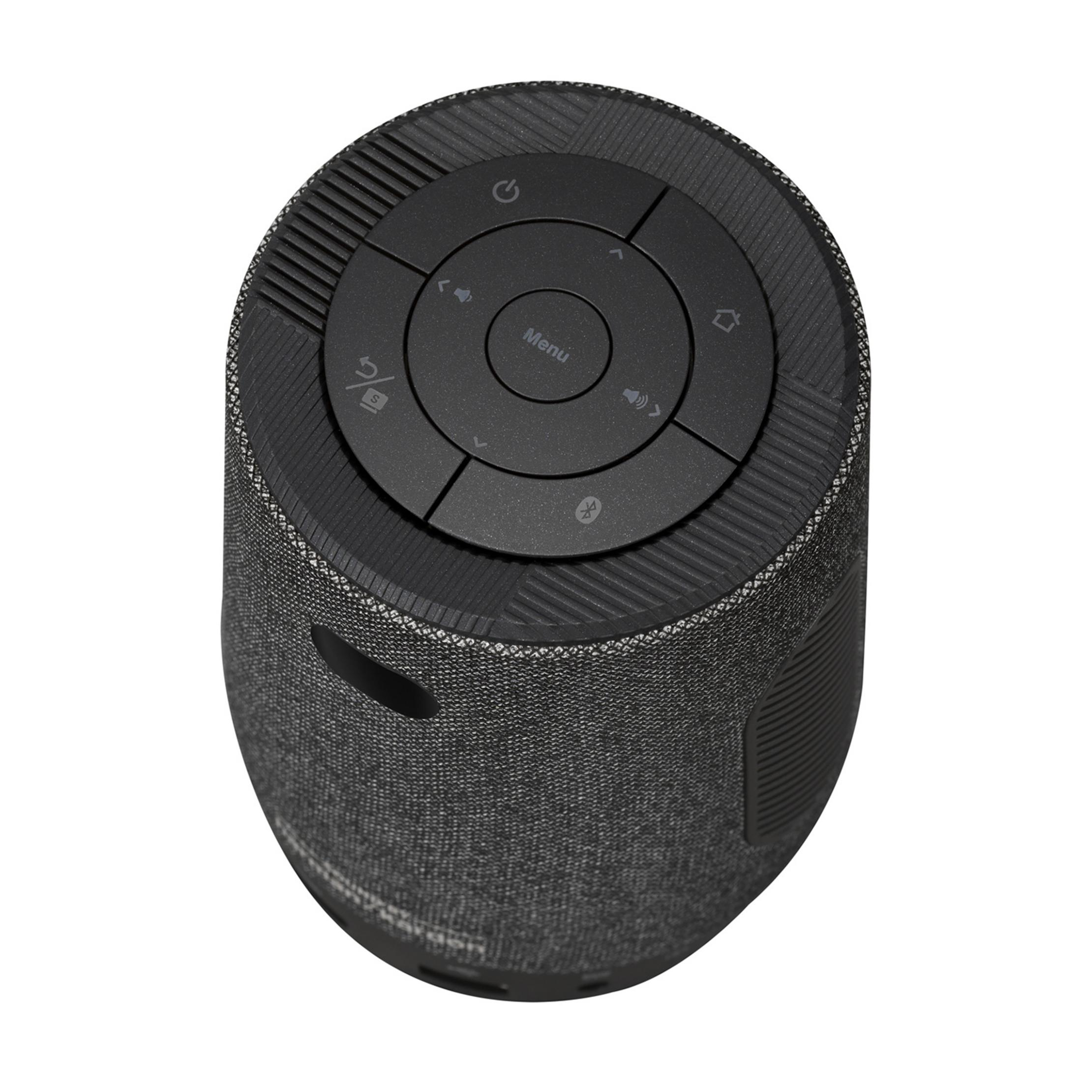 A black speaker with buttons and a menu on top.