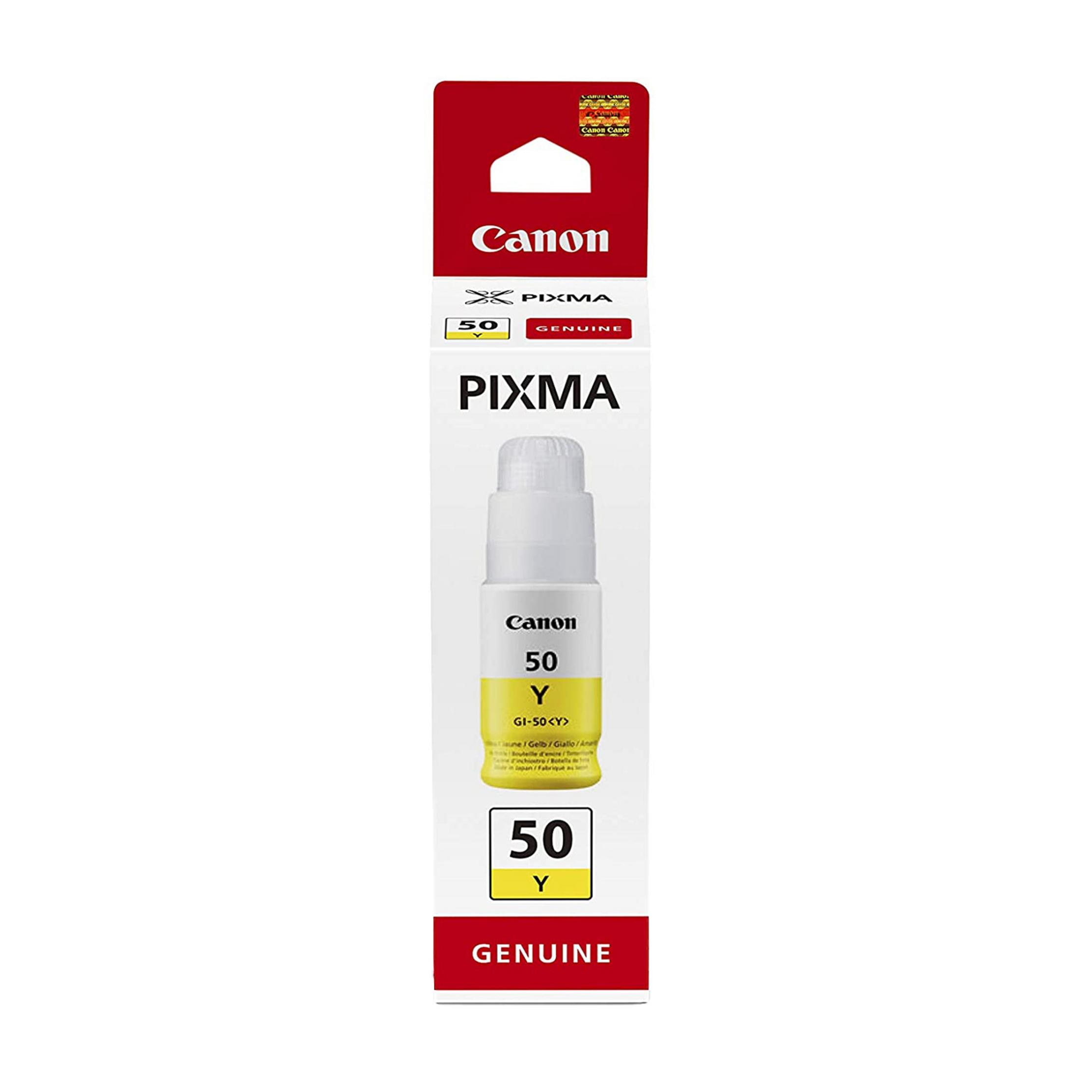 Żółty tusz Canon Pixma 50 z napisem "Genuine".