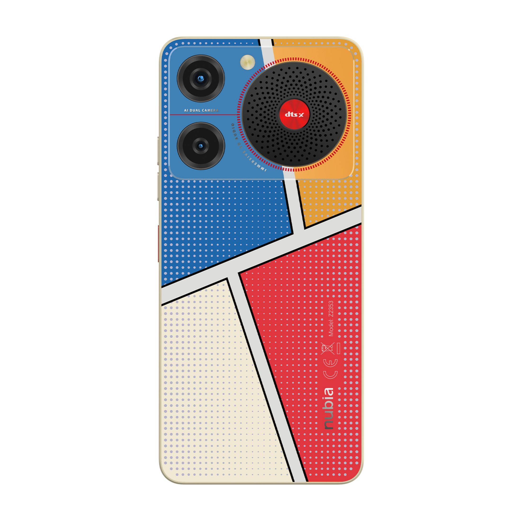 Retro smartphone con motivo fumetto: blu, arancione, rosso, crema. Doppia fotocamera, altoparlante.