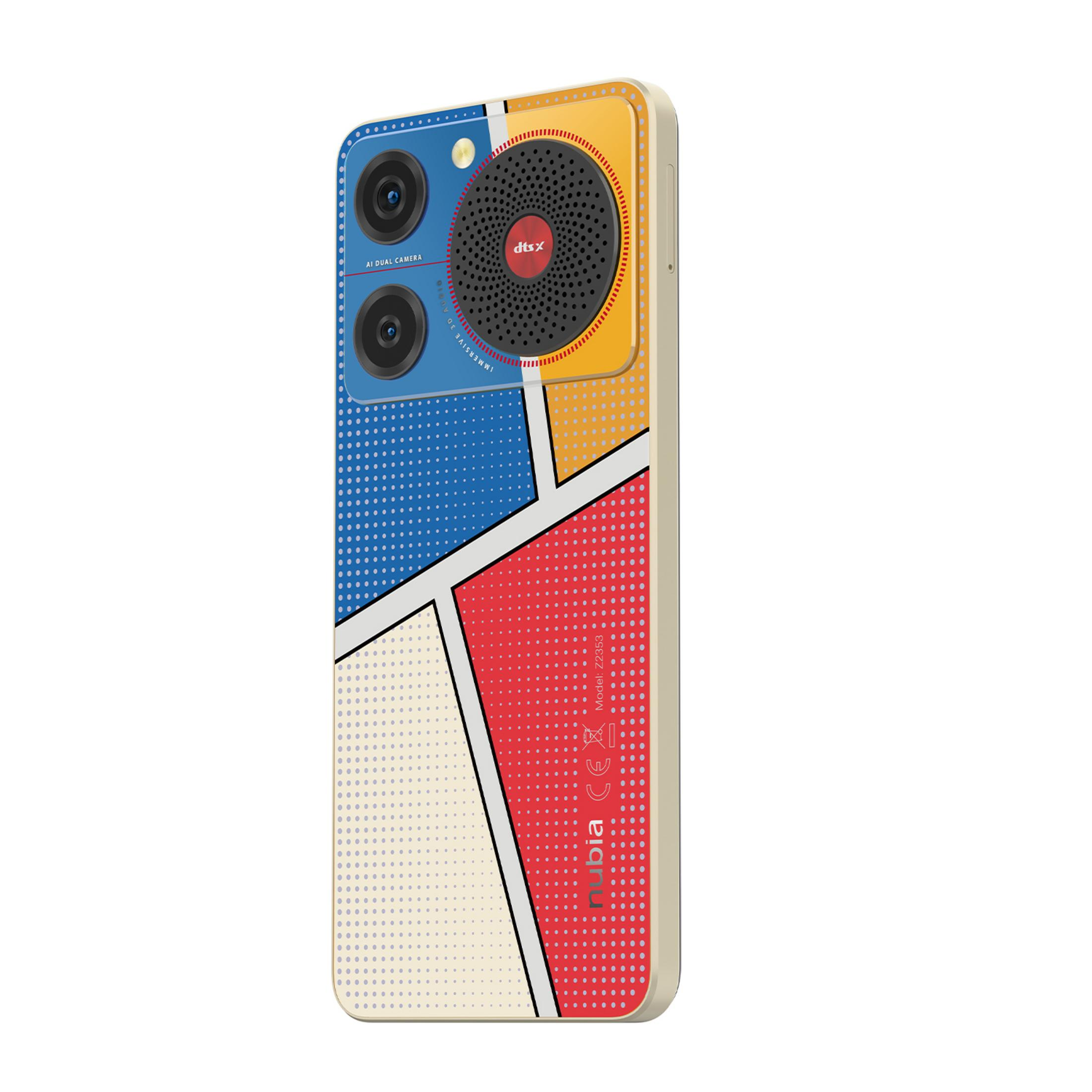 Retro di uno smartphone con motivo a fumetti colorato, doppia fotocamera e ghiera.