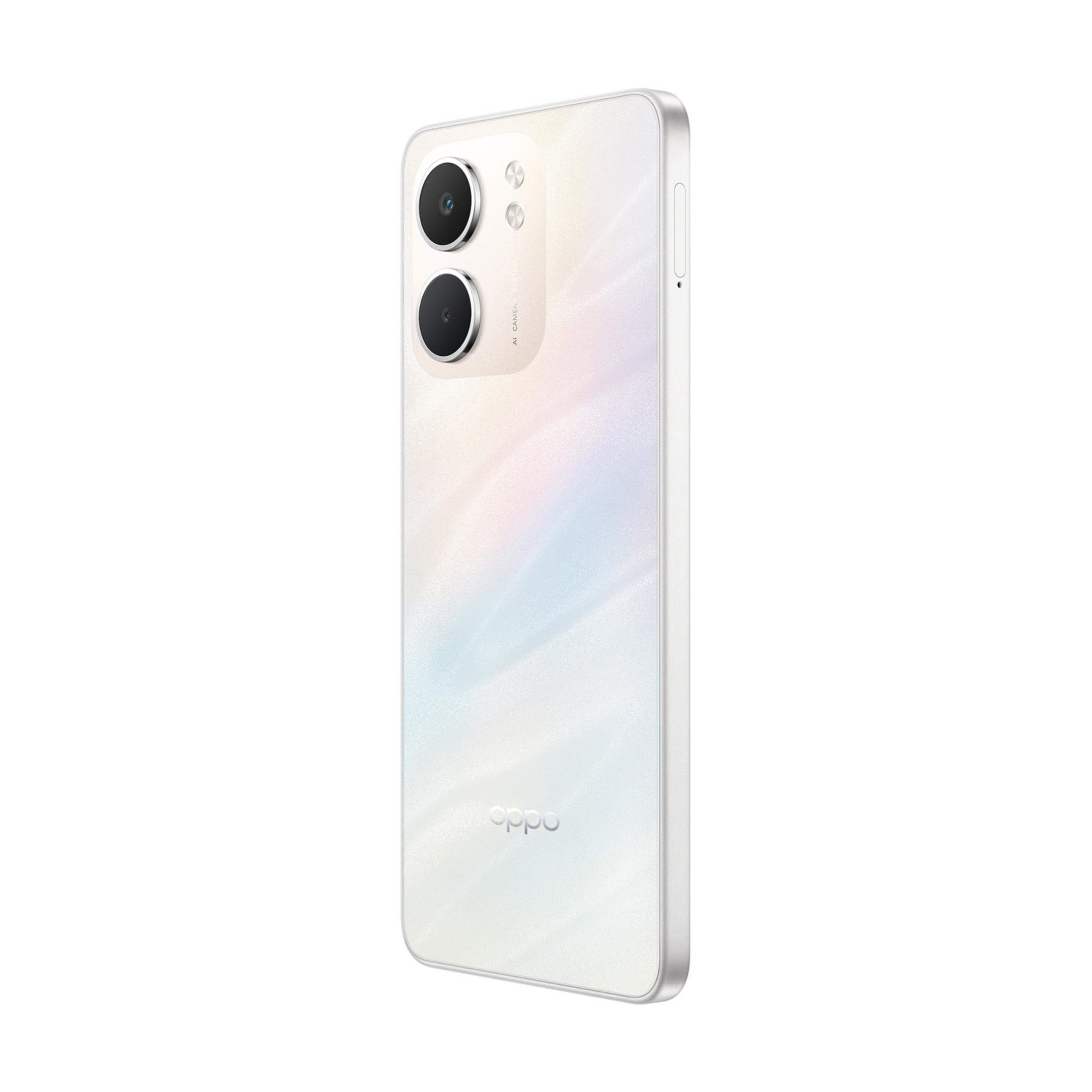 Biały smartfon z gradientowym wykończeniem i podwójnym aparatem z tyłu.