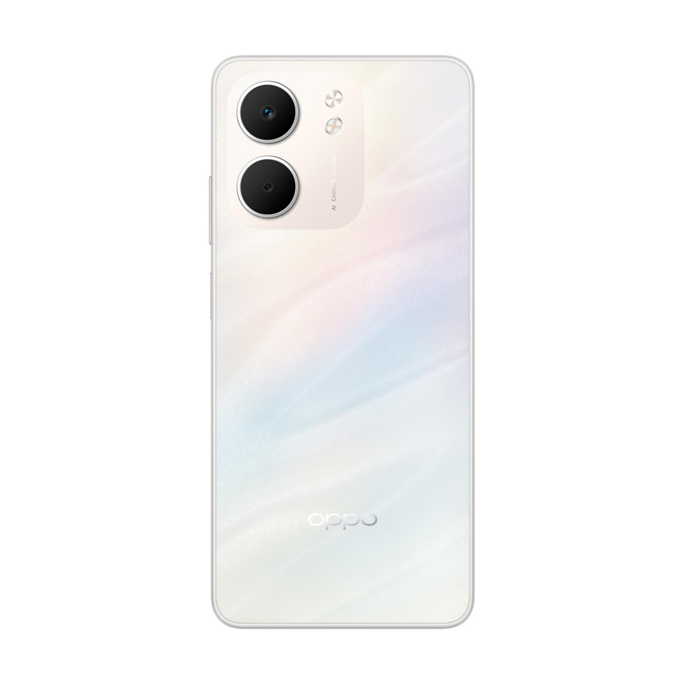 Biały smartfon z podwójnym aparatem i logo OPPO.