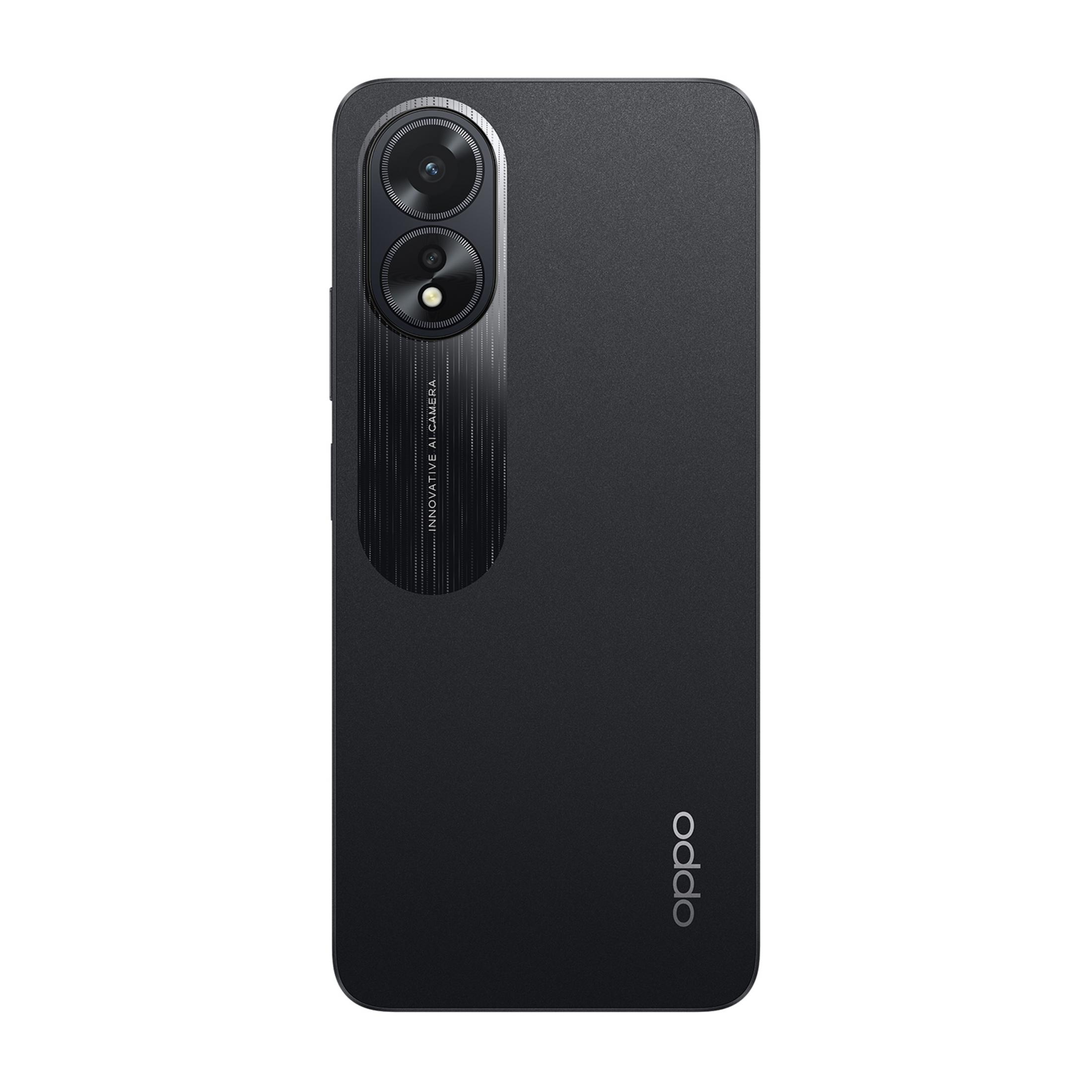 Smartphone OPPO negro con doble cámara y logo OPPO en la parte trasera.