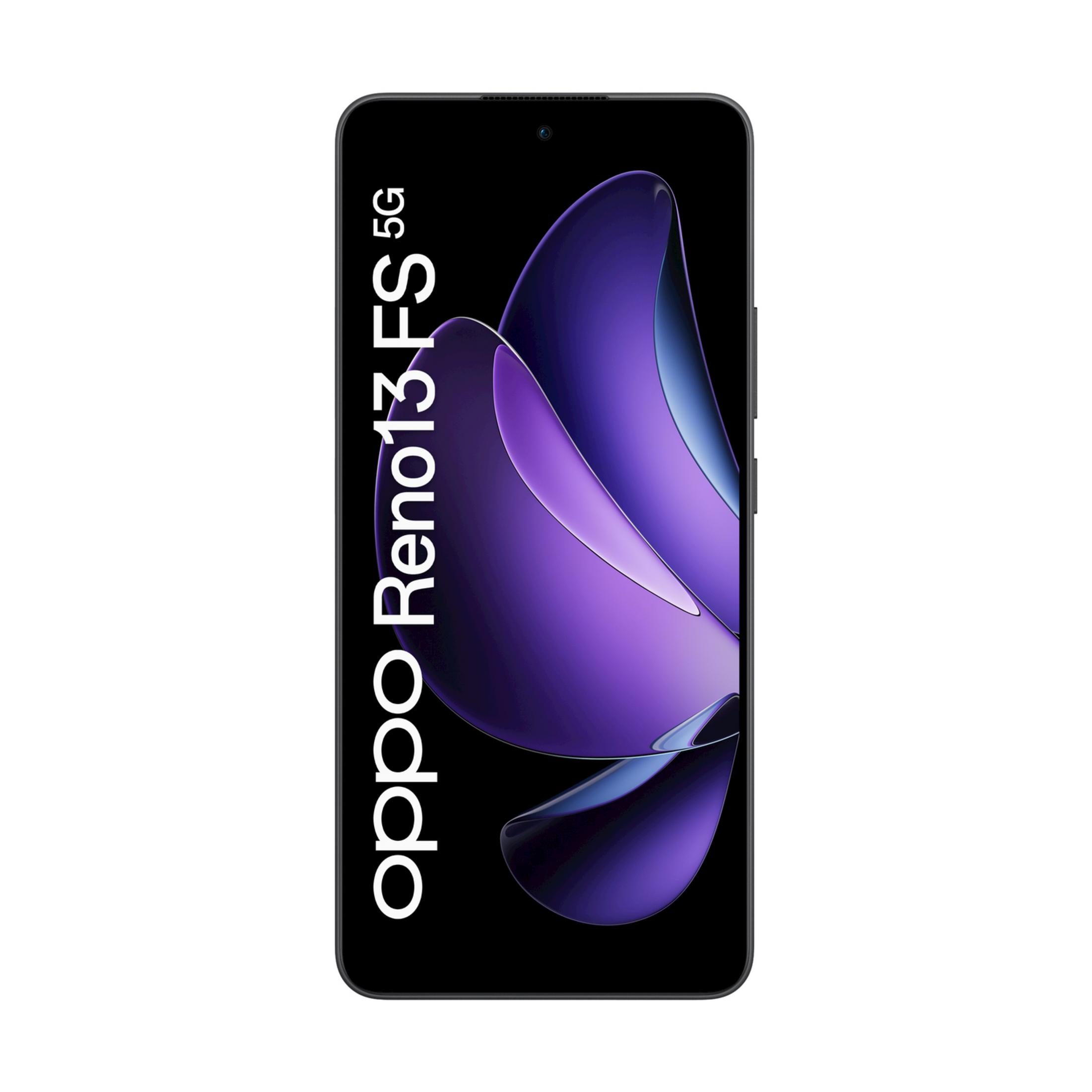 Uno smartphone nero mostra "oppo Reno13 5G" e un design astratto viola.