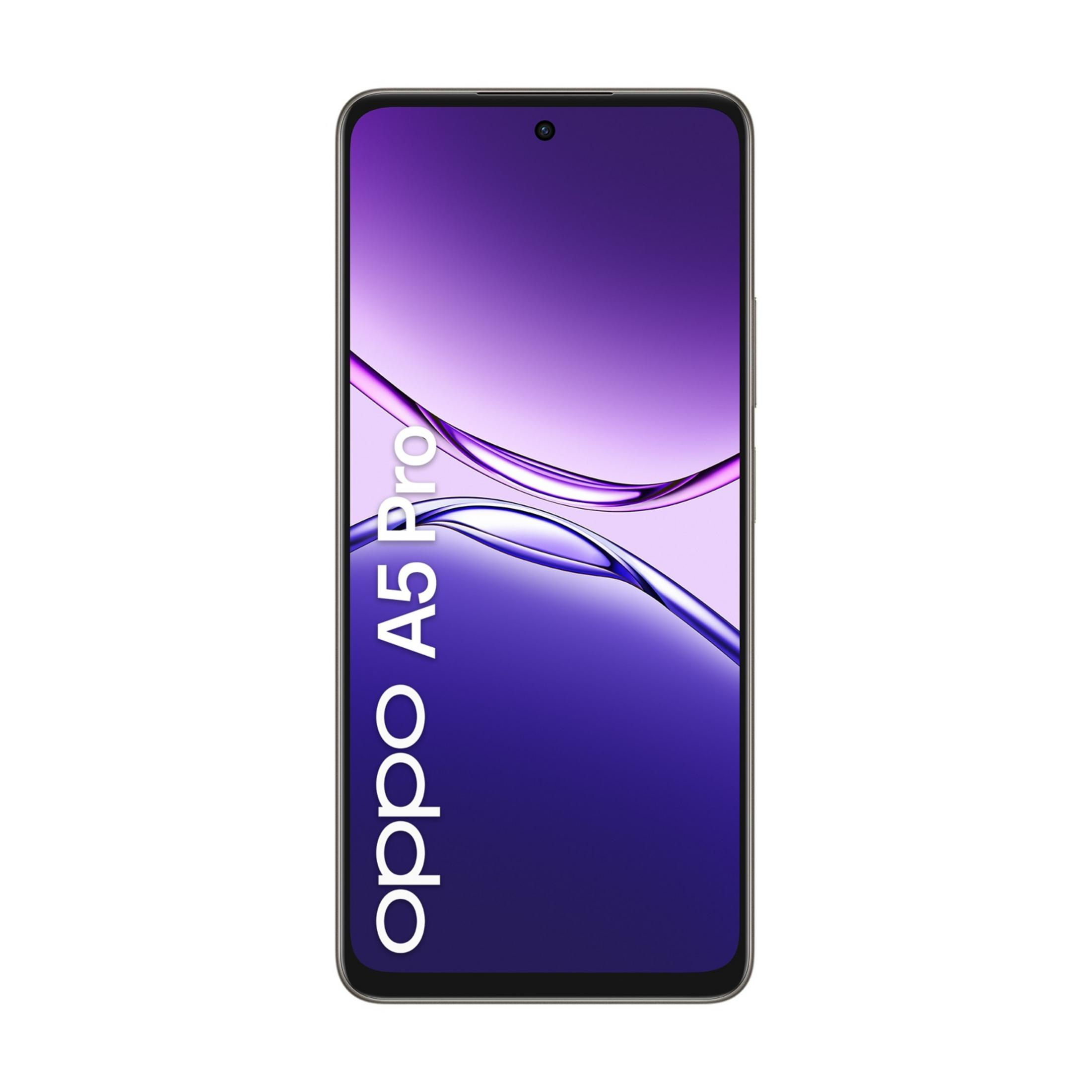 Czarny smartfon z fioletową tapetą i napisem "oppo A5 Pro".