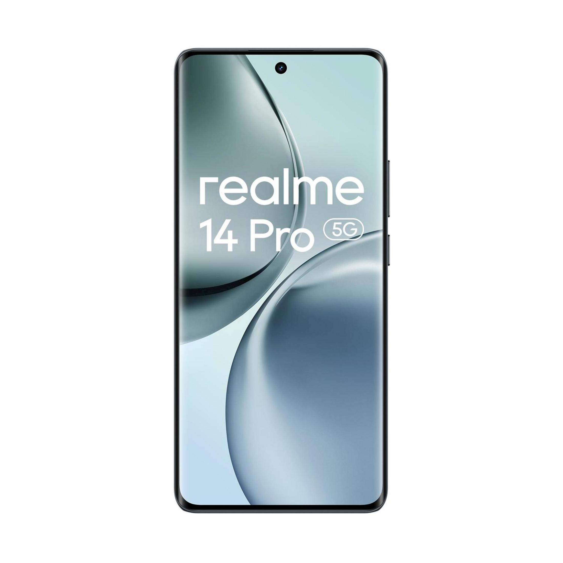 Smartfon z napisem 'Realme 14 Pro 5G' na miękkim niebieskim tle.