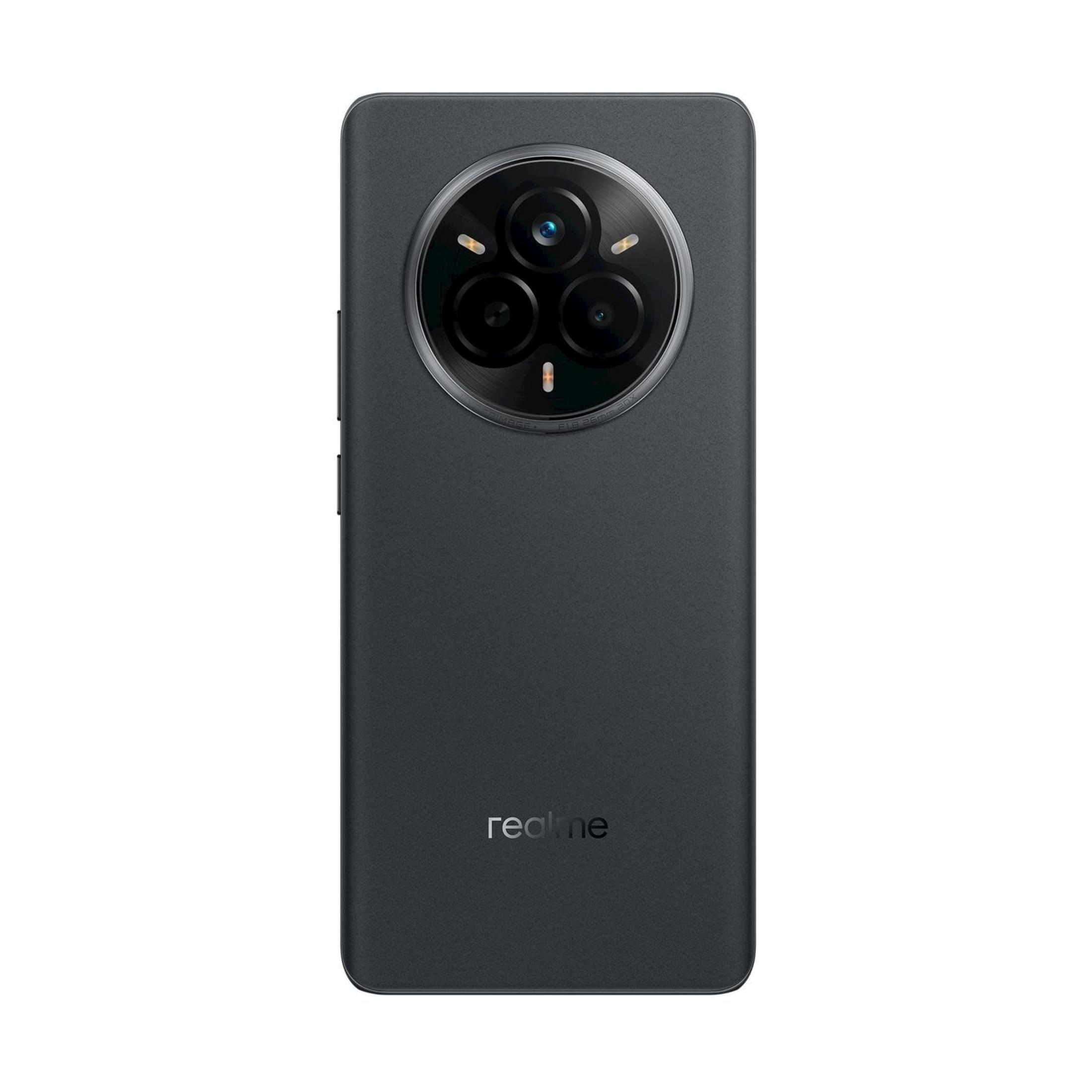 Ciemnoszary smartfon z okrągłym modułem aparatu na górze, logo Realme poniżej.