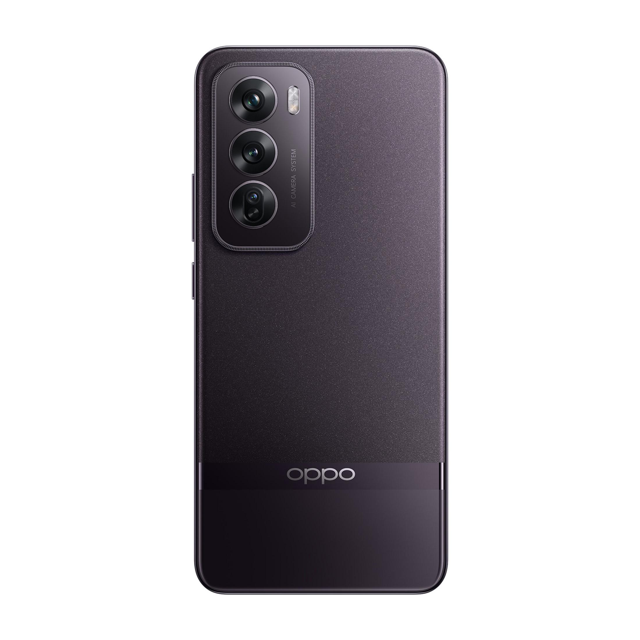 Tył ciemnego smartfona Oppo z trzema obiektywami aparatu i logo.
