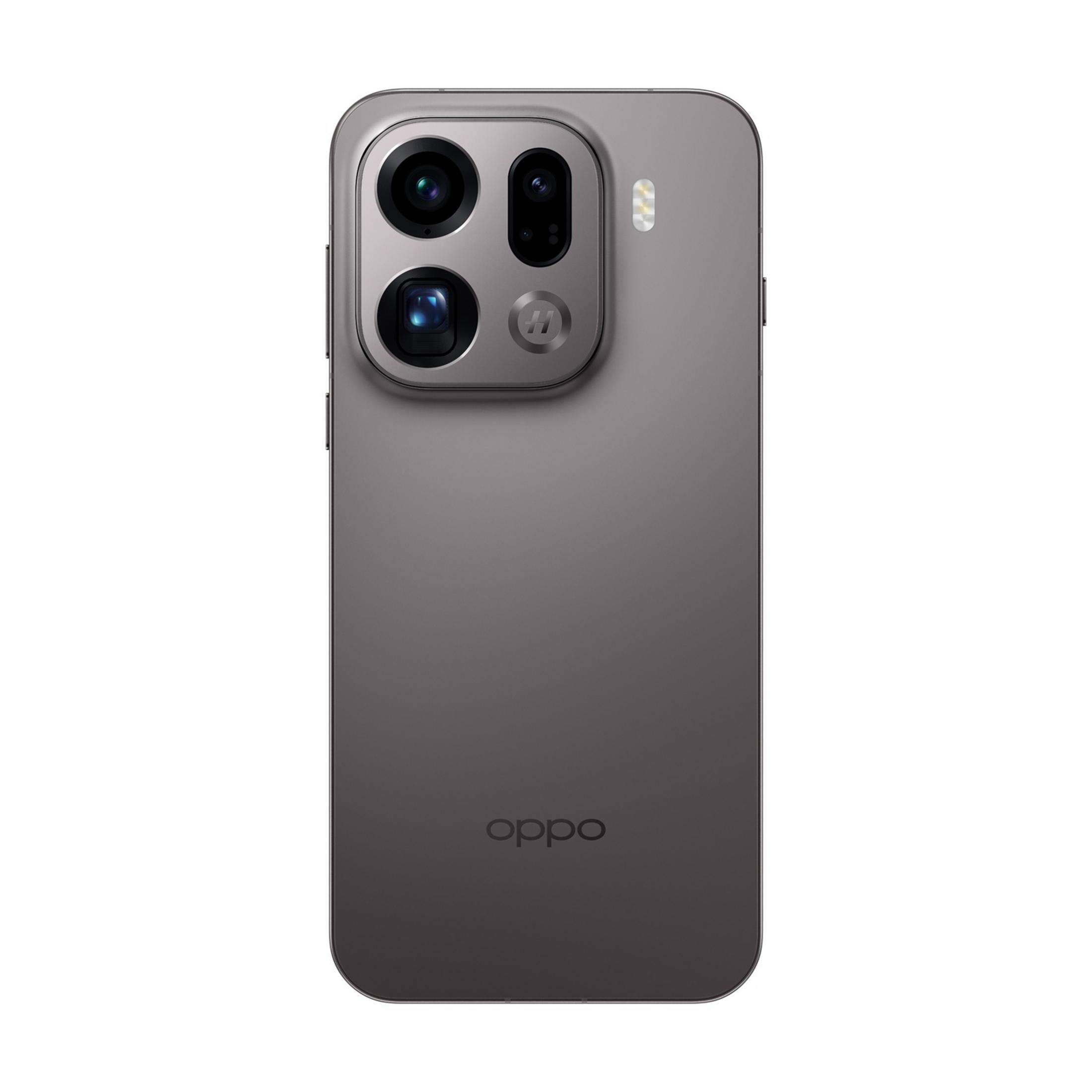 Graues Smartphone mit Kamera-Array und OPPO-Logo auf der Rückseite.