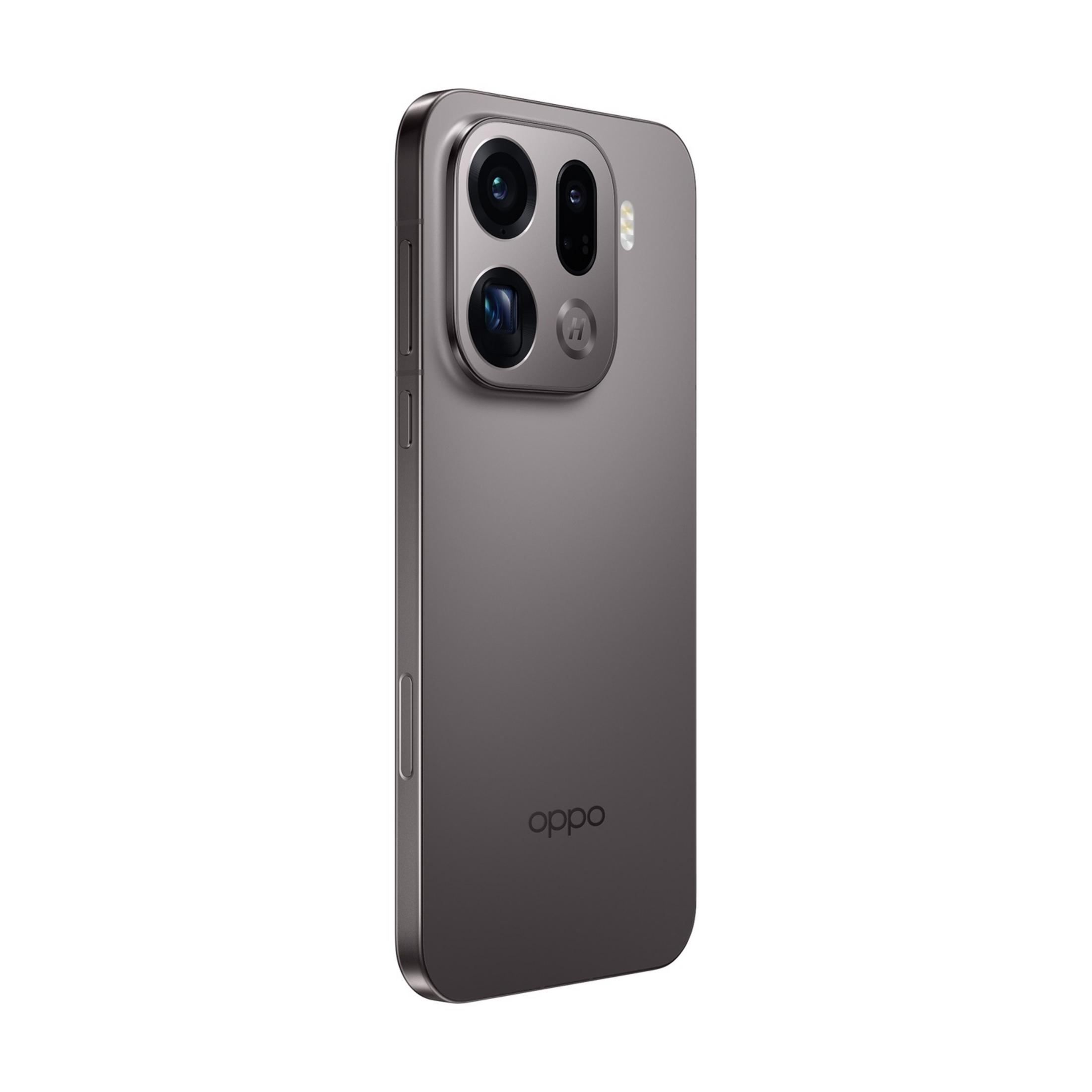 Graues Smartphone mit dreifacher Kamera. Das Oppo-Logo ist unten auf der Rückseite.