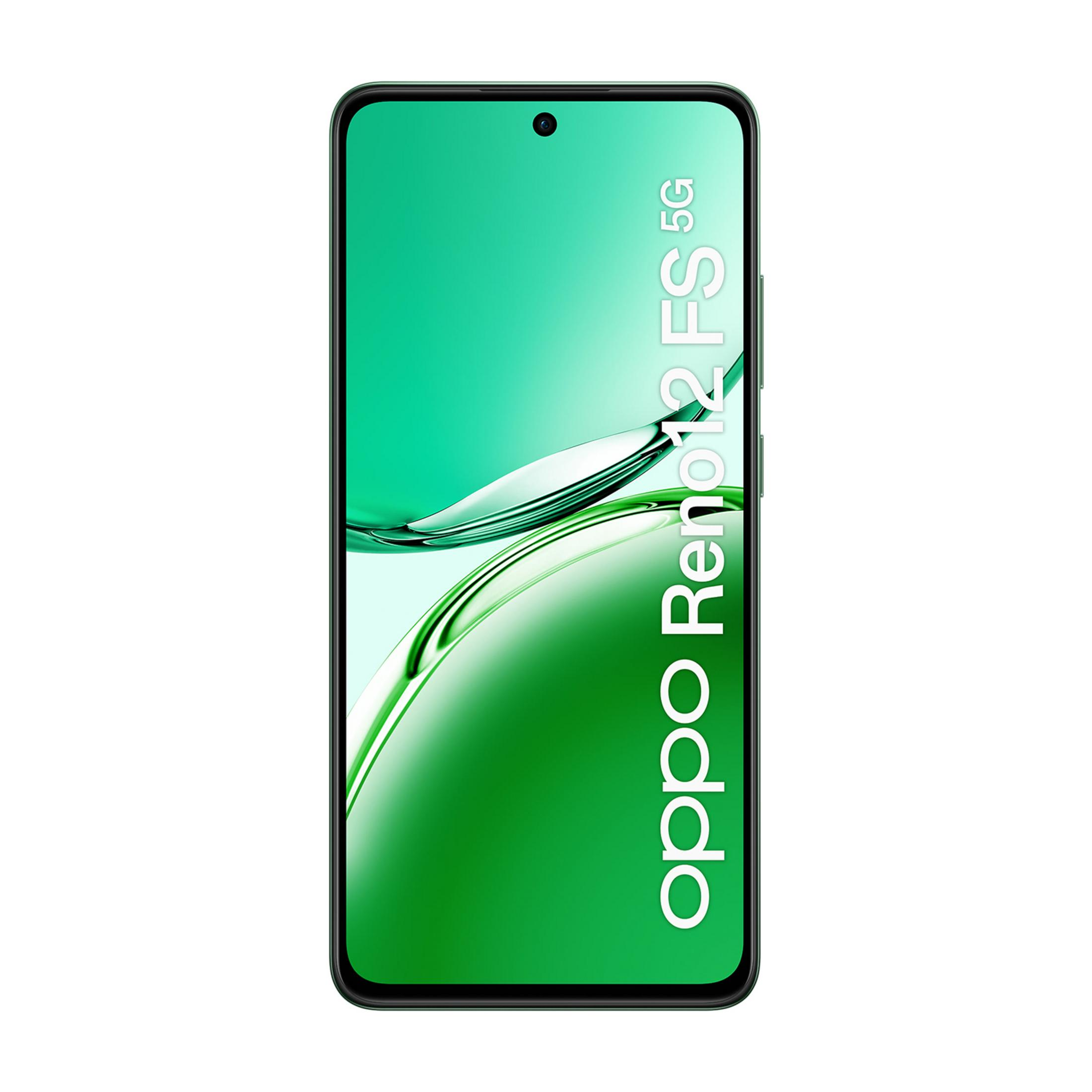 Zielony smartfon Oppo Reno 12 5G z falistym wzorem na ekranie.