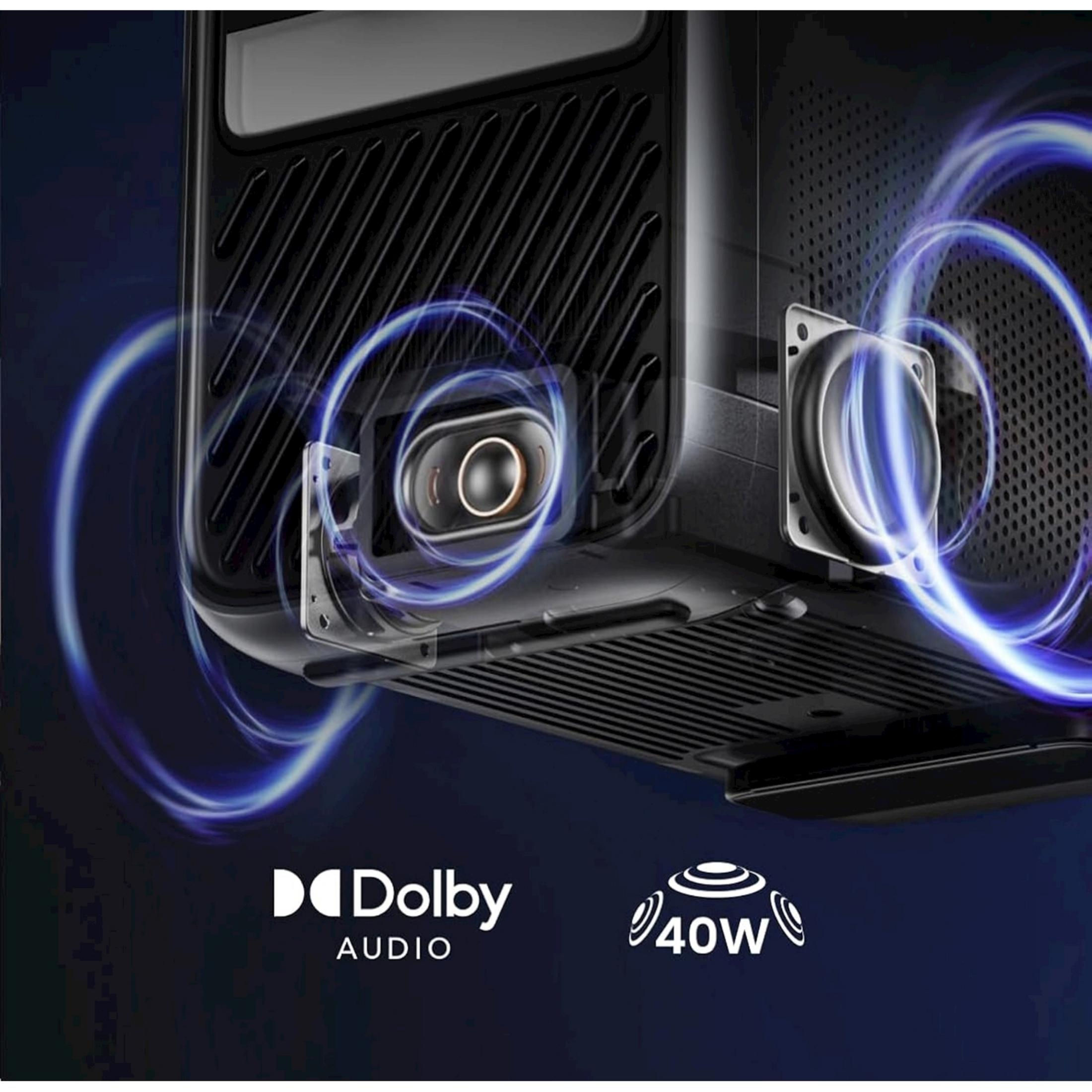 Projektor z Dolby Audio i głośnikami 40W z niebieskimi falami.