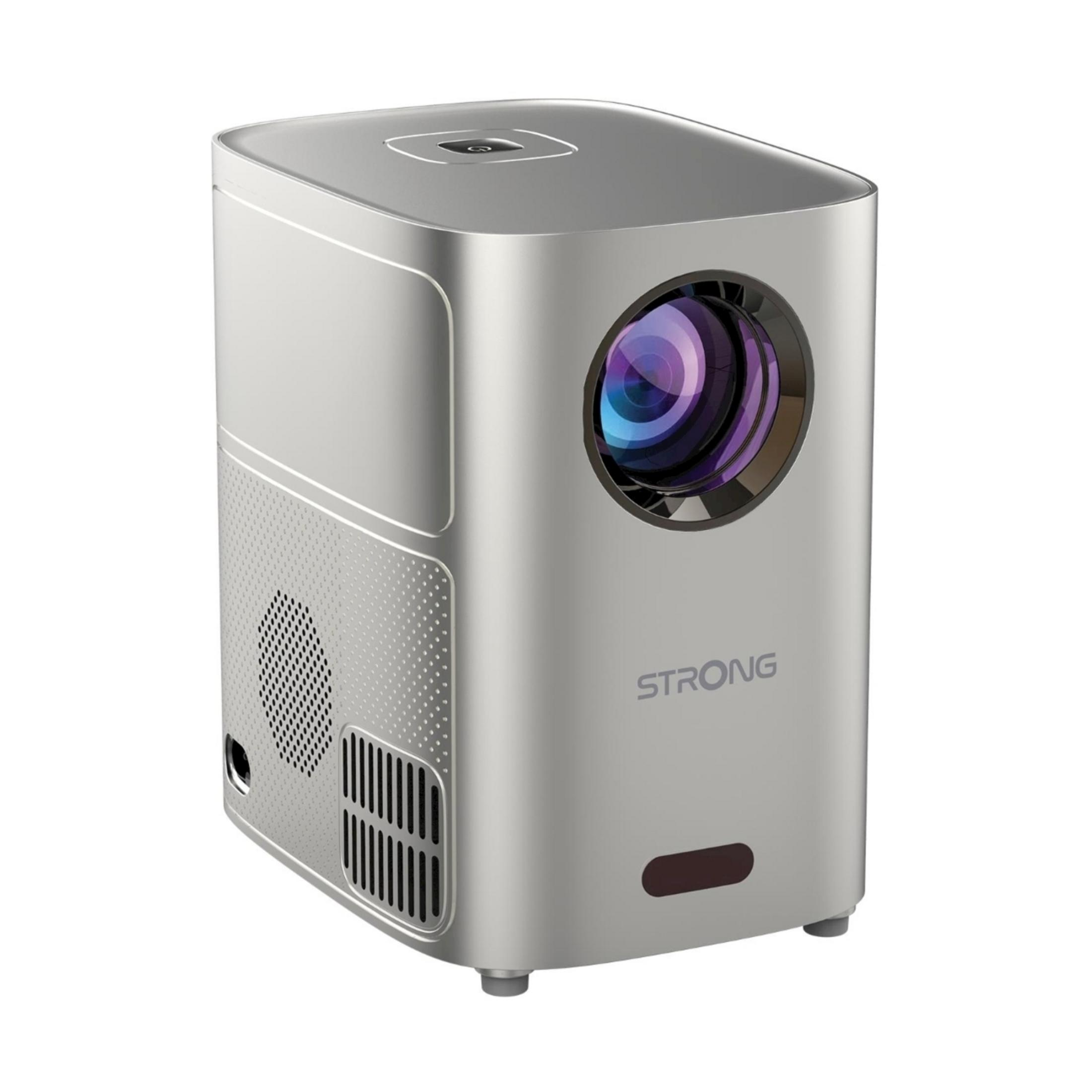 Srebrny projektor z obiektywem i otworami wentylacyjnymi.
