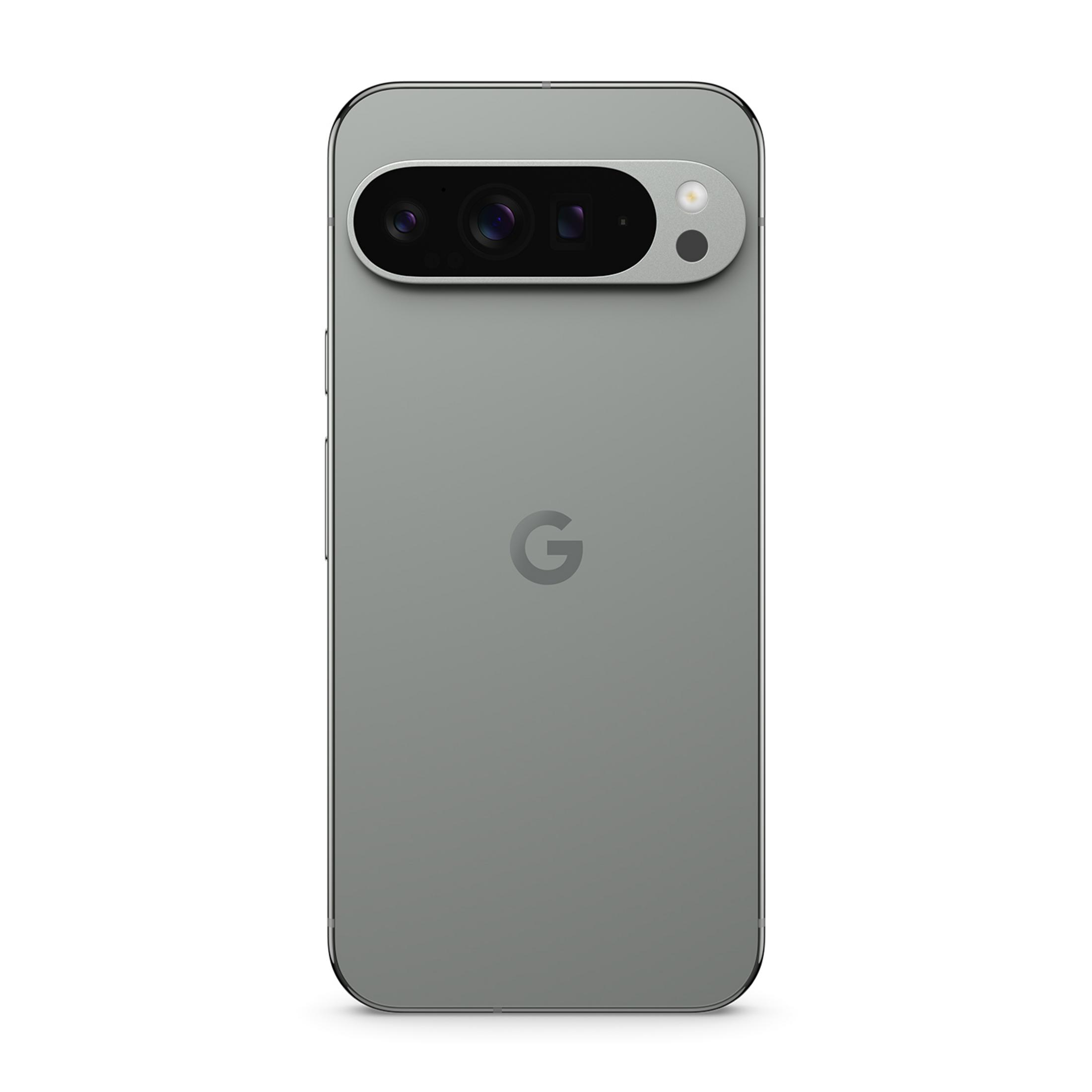Szary telefon Google Pixel z paskiem aparatu i logo Google.