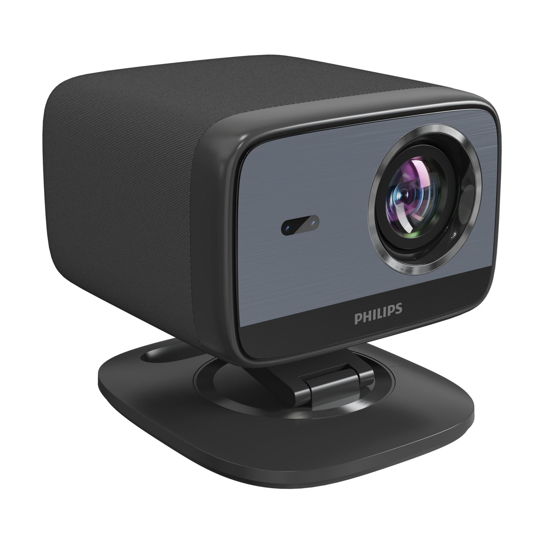 Kompaktowy czarny projektor z logo Philips na stojaku.