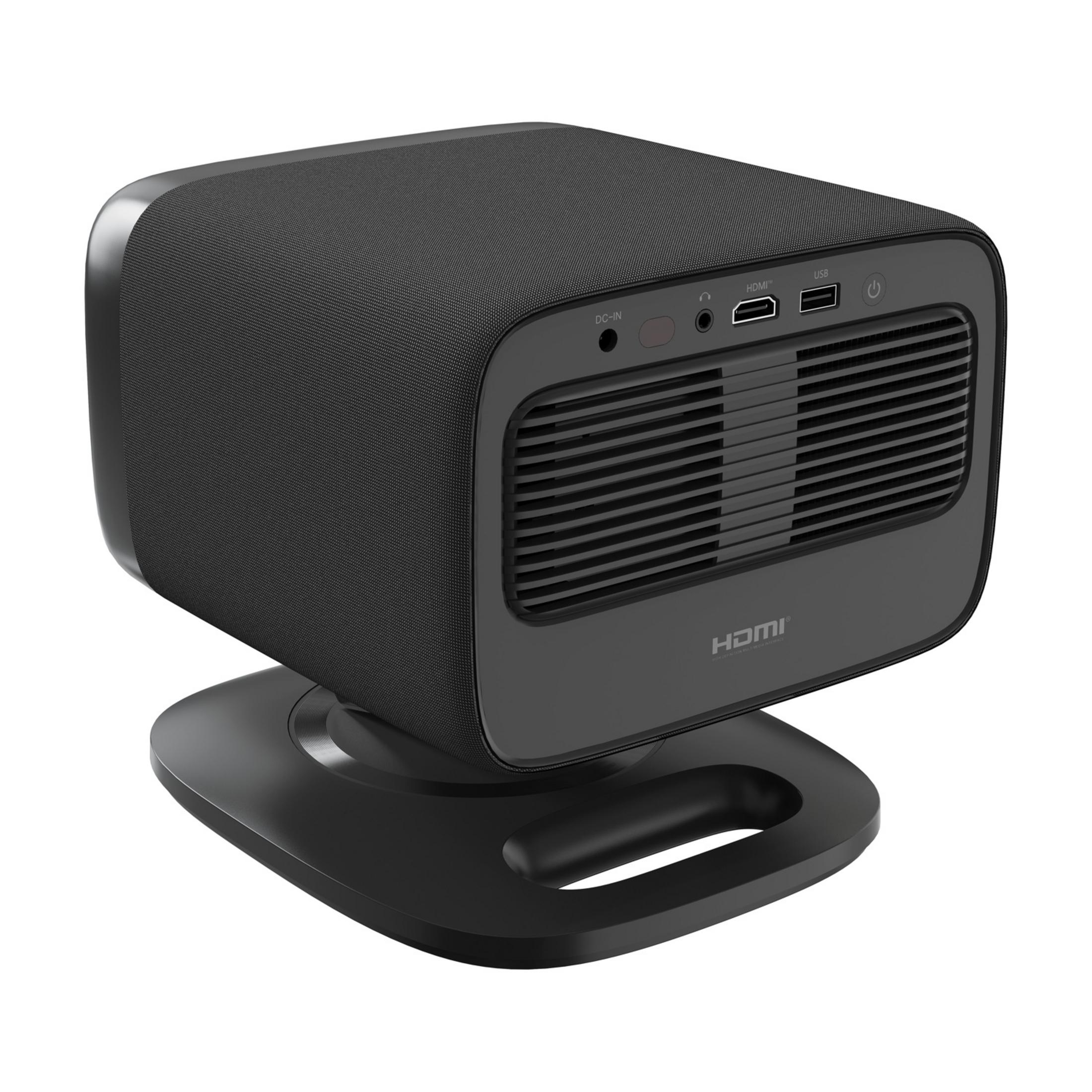 Czarny projektor na stojaku, z portami DC-IN, słuchawkowym, USB i HDMI.