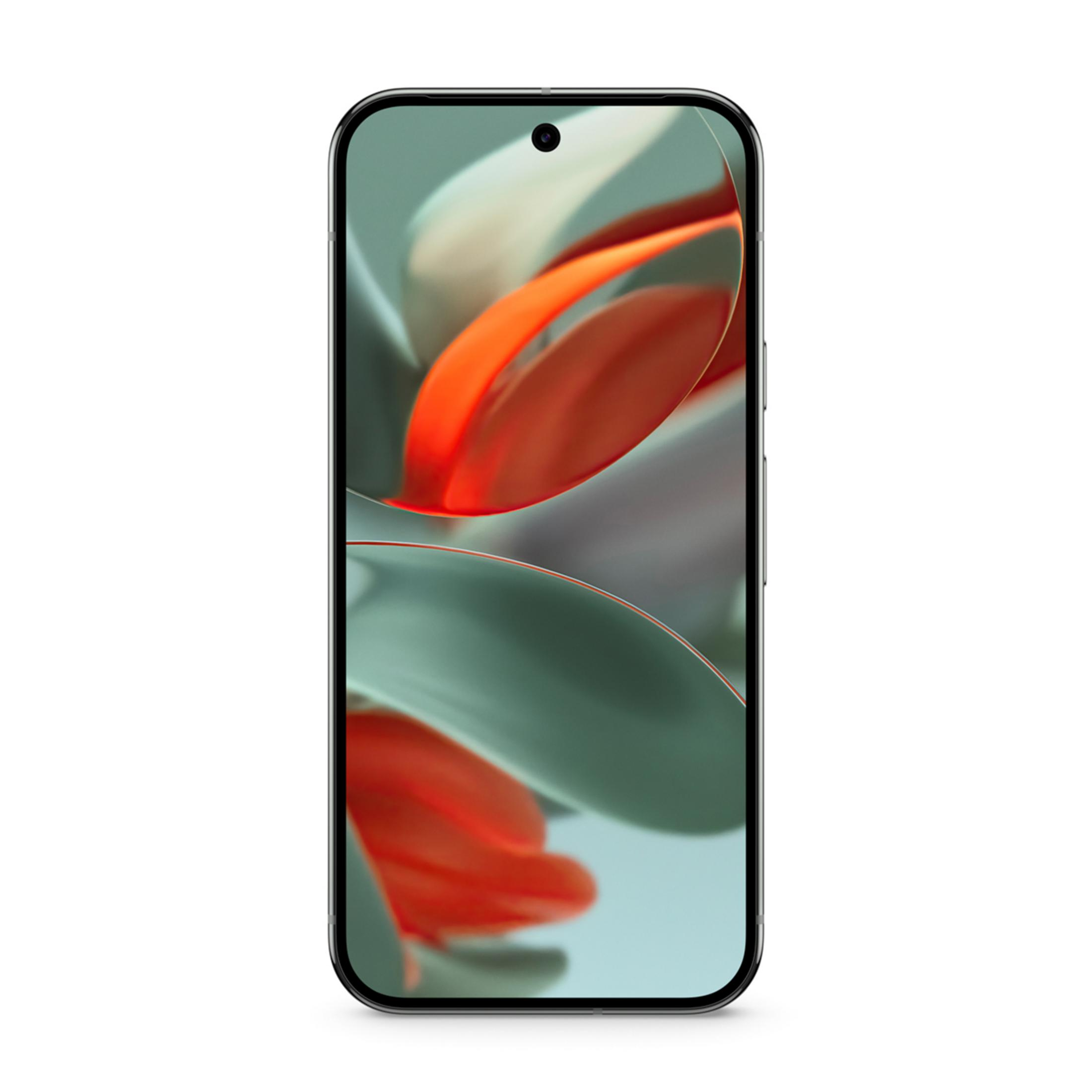 Smartfon wyświetlający abstrakcyjną tapetę z pomarańczowymi i zielonymi elementami.