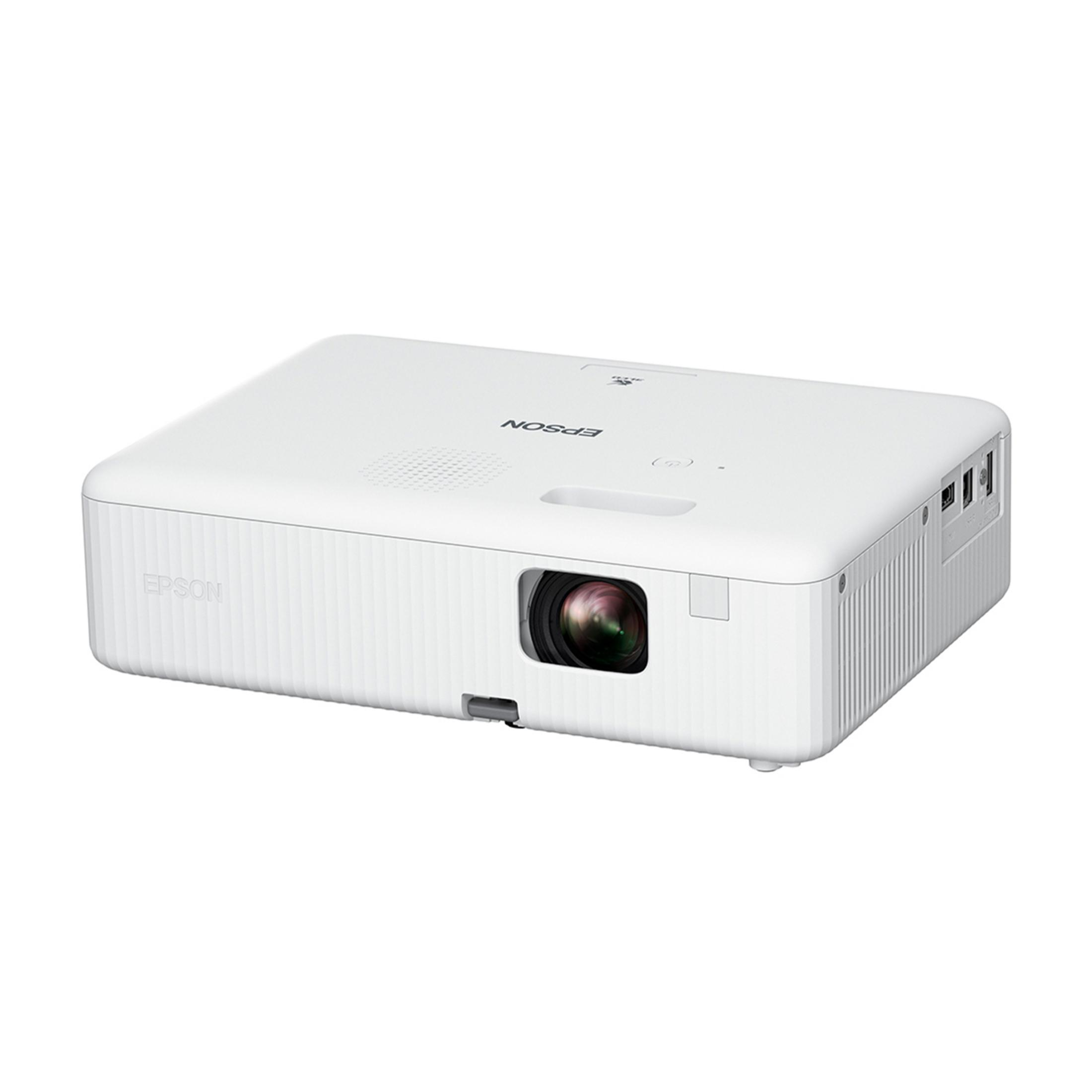 Ein weißer Epson-Projektor mit Lüftungsschlitzen und Linsenfront.