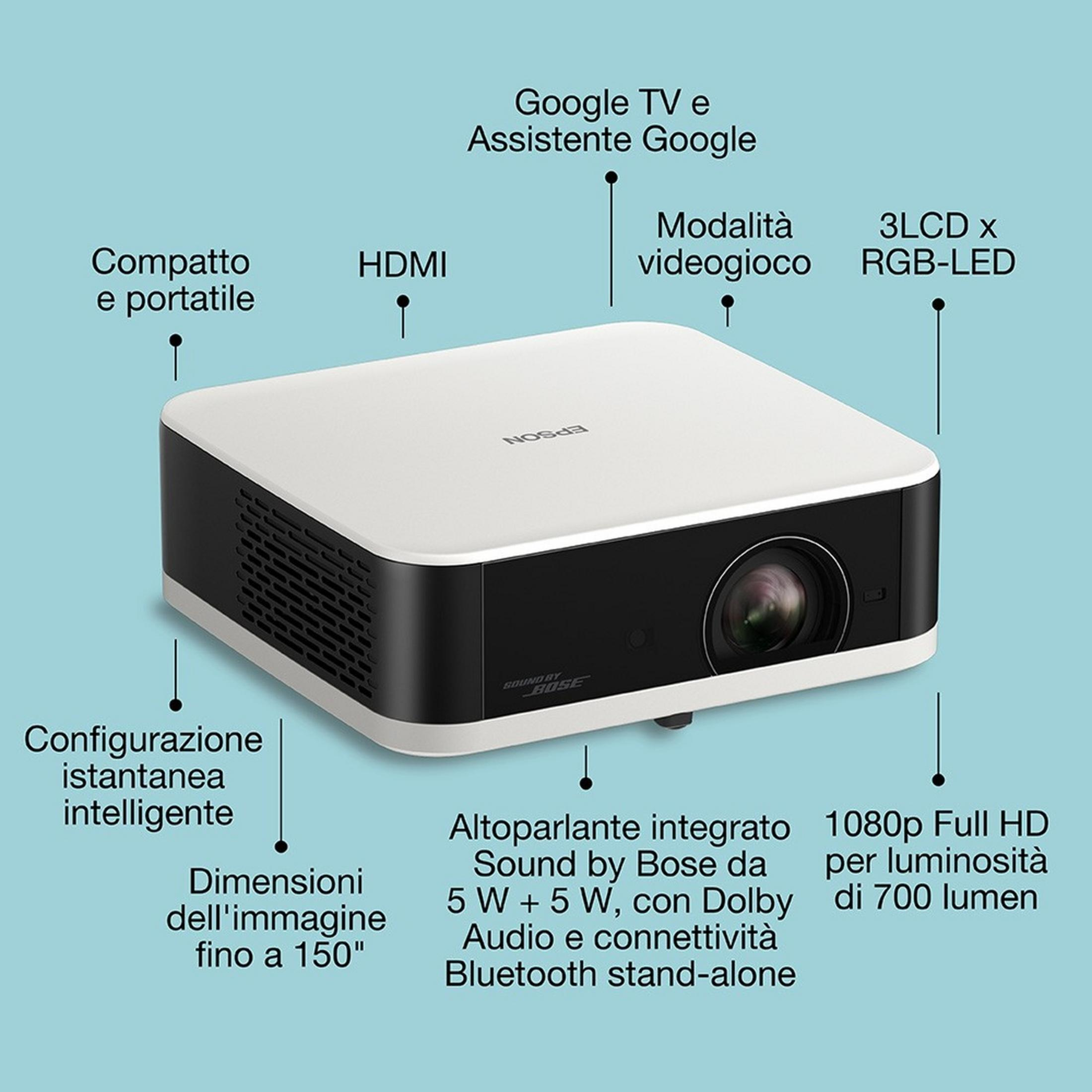 Un proyector Epson blanco con detalles negros, destacando funciones como Google TV y sonido Bose.